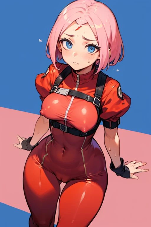 1 girl, high quality, (short hair), pink hair, forehead, blue eyes, (medium breast), straps on thighs:1.3), red background, (stocking), (cameltoe:1.2),(sweaty:1.1), (nipples:0.8), thick thighs, from above