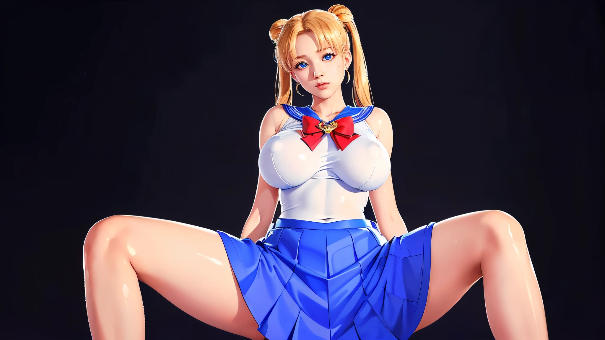 (((Perfect body,White and tender skin,(((Blue and white sailor suit, black high heels, and a bright red bow on the chest))),(((SMUsagiTsukino,Slender and soft golden hair, crystal clear and delicate skin, bright blue big eyes, thin cherry colored lips,,))),((masterpiece)),highres,((Best quality at best)),masterpiece,quality,Best quality,((( Exquisite facial features,Looking at the audience,There is light in the eyes,(((lol,happy)))))),(((Light and shadow,Huge breasts,))),(((Looking at the camera,black background,,Sitting astride,Open your legs,Camera from bottom to top,低头Looking at the camera))))
