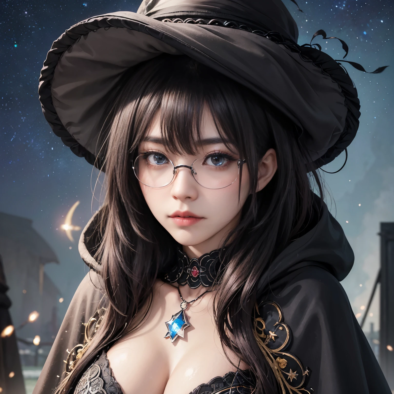 (Fatal Beauty,A charming villain,witch) ,(A supple and powerful physique),(Sensual charm),(Mysterious charm:1.1),(Captivating silhouette),((((Glasses))))、((((big sapphire necklace))))、(Highest quality,High resolution:1.2),(dark,Threatening:1.1),((dark horror theme:1.5),(Thriller:1.5)),(Dark fantasy:1.5),  (((Countless stars fly away:1.5),(Absurd:1.5),(wonderful:1.5))),Woman in a dress, (Powerful numbers:1.1),(((Big Breasts))),(((Muscular:1.1))), cute face, Sexy Face, , Very detailedなbeautiful女の子, (Ideal body type:1.8), Very detailed faceexpressive lips, (とてもbeautiful、Crisp big eyes:1.5), Fine skin., All features are shown in detail., The outline of the fingers is beautifully drawn....., The nose is precisely shaped., expressive lips, Perfect Anatomy,cute、Realistic、(Front view:1.4),(Face Focus:1.3), realistic girl rendering, 8k artistic german bokeh, Enchanting girl, Real Girls, Gurwitz, Gurwitz-style artwork, Girl Roleplay, Realistic 3D style, cgstation Popular Topics, 8K Portrait Rendering,(truth，truth：1.4),Sexy Body,( Very lean body:1.6),Sexy pose, blush, Attractive body, Very curly hair, Purple Curly Hair, very big hair, Very curly hair, prime color,Urban,Very detailed,masterpiece,Intricate details,Faded,Very detailed, Eye on the details,Intricate details,暗くてSpooky atmosphere,  spiritual being, Unforgettably beautiful, Ghostly figures, Shadow-like shape, Spooky whispers, Ominous Aura, Goth Maiden,  Like dazzling fur in a starless haze,Her Mogul Snaps, Mysterious Cemetery,Black hair swaying in the moonlight, She summons darkness, (beautiful: 1.7), (Black Hat: 1.6), (An intricately decorated jet-black cloak: 1.6), (Delicately decorated cloak, Despite the damage: 1.5), Hypermaximalist,  Breathtaking oil paintings, Surreal, Ultra-realistic digital illustrations that mimic the style of oil paintings, wonderful構成,  (Shining Eyes:1.6)、(Glowing Eyes:1.1),(hellish landscape:1.1),(fire,sulfur:1.1),(Threatening atmosphere:1.1),(dark shadows,Threatening presence:1.1),(Unlucky Clouds,Stormy Skies:1.1),(dark,Spooky atmosphere:1.1),(Aura of misfortune,Evil energy:1.1),(dark aura,cigarette:1.1),(Extreme heat,Burning Flames:1.1),(Nightmare Visions:1.1),(Predicting the end:1.1),(Whispers of misfortune,Devilish Laugh:1.1),(Cries of pain,echoing screams:1.1),(Bad luck symbol,Ancient runes:1.1),(Mysterious Relic,dark art ifacts:1.1),(Infernal Ritual,Ritual sacrifice:1.1),(Eternal Ruin,A hopeless existence:1.1),  Inspired by abandoned mech backgrounds. Art created by Craig Mullins, Necrostyle., Detailed Description, Futuristic sci-fi scene. Focus on SFCon