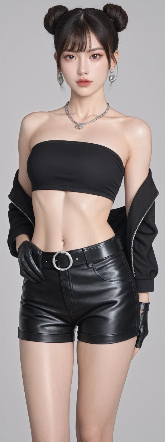 score_9, score_8_up, score_7_up, BREAK,
1girl, solo, gloves, double bun, navel, hair bun, black hair, jewelry, realistic, breasts, jacket, black gloves, underboob, belt, necklace, shorts, earrings, black eyes, midriff, tube top, simple background, black jacket, bangs, bandeau, lips, leather, skirt, medium breasts, grey background, strapless, black shorts