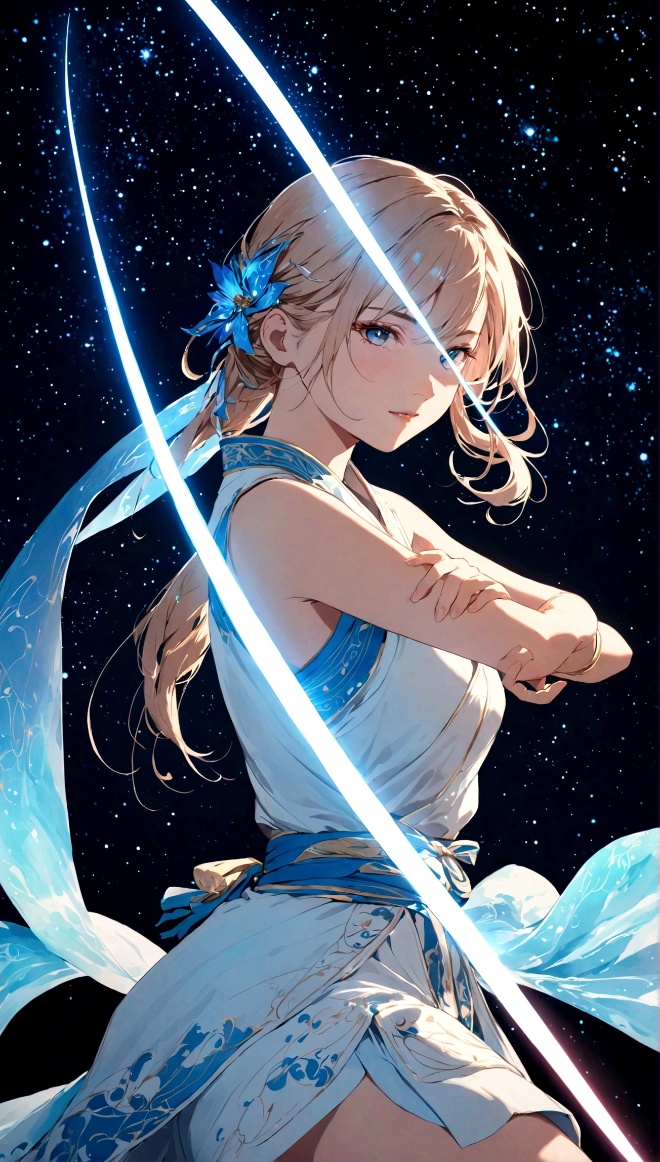 Use watercolor to make the picture colorful, 4k,1 Girl,whole body,no weapons,(Handheld Arc),(Blue arc:1.2),(Luminescence:1.5),(simple clothes:1.5),(Starry Sky),(Simple background:1.6),White Theme, Martial arts style,calligraphy characters,magic,Exquisite facial features,Super delicate face,(Best fingers:1.2),