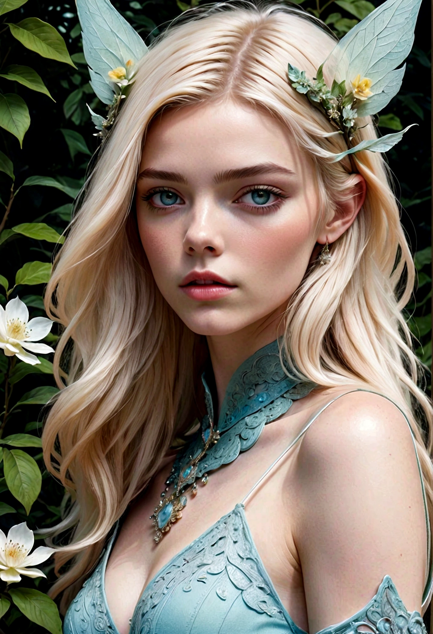 A gorgeous and beautiful tarot card of the Elf Warrior Queen, Fractal Magic, Illustrations in the style of Travis Charest, Ink Line Drawing, poster, Elle Fanning (Elle Fanning) model, CG Society, Fantasy Art, detailed illustration, mystery, Botanical masterpiece, detailed, Surrealism, Elements of Symbolism and Surrealism, Complex design, Intertwined, Beautiful woman, Flowers, Pastel.
