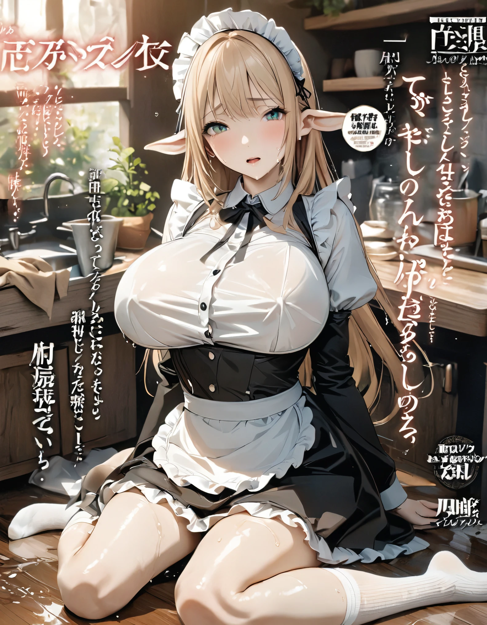 Magazine cover(masterpiece, best quality:1.2),Maid,(((The eyes are delicate)))Whole body wet((Wet maid clothes))Socks,Wet floor(8K)(HD)