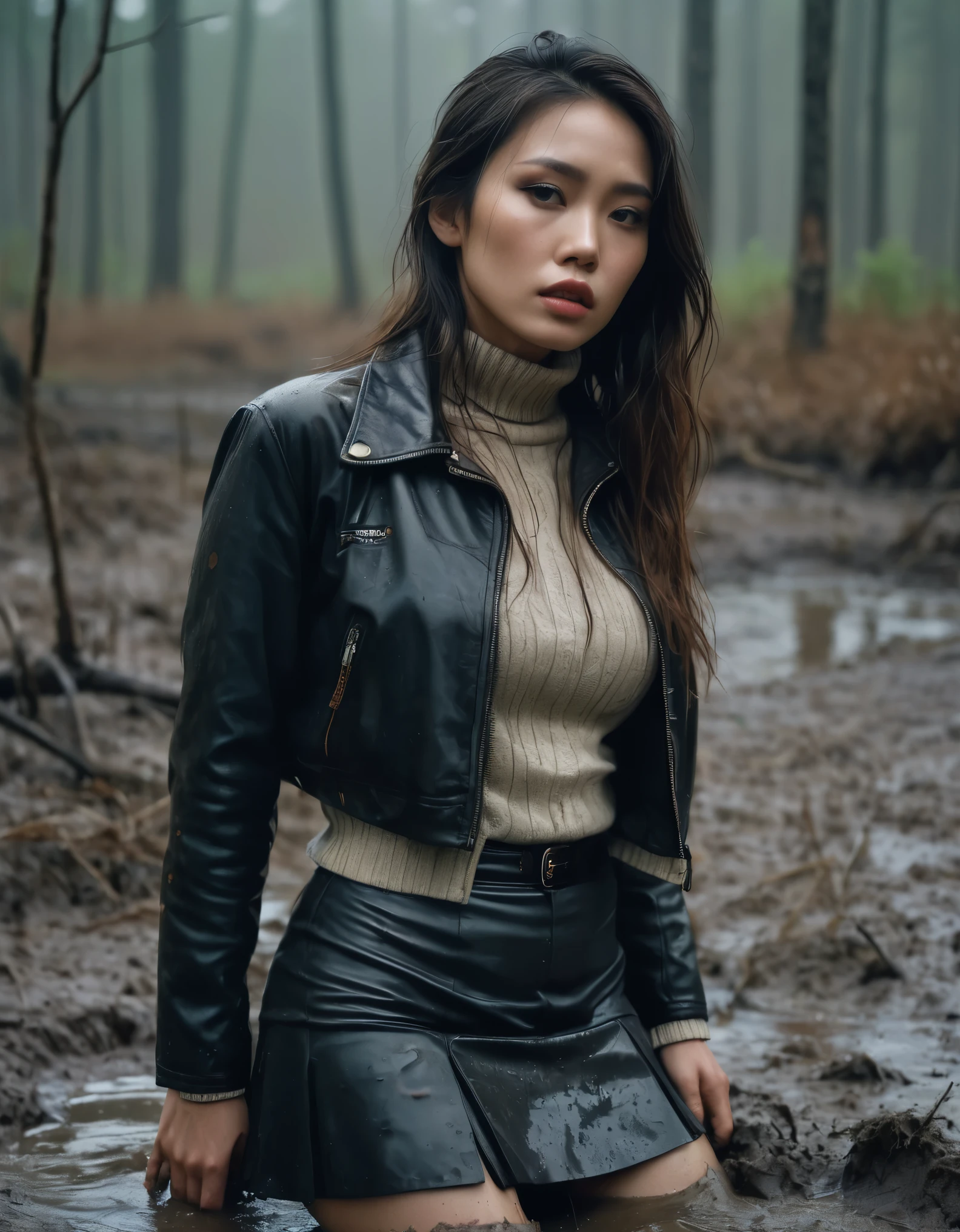 8k, ultra-detailed, documentary drama photo, grainy film photo, side view, close-up, masterpiece,muted colors, muffled light, dusk, rainy, moody, woman drowning in forest mud bog, shame expression, stockings, sexusl intercourse, mini-skirt, light turtleneck sweater, messy faded leather jacket, beautiful long brunette hair, depraved outfit,asian:0.5fetishistic makeup,