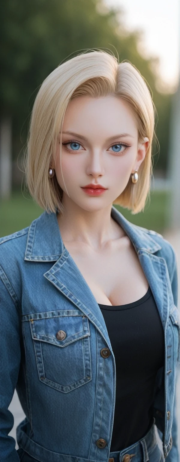 score_9, score_8_up, score_7_up, BREAK,
android 18, 1girl, solo, breasts, blonde hair, blue eyes, cleavage, jewelry, earrings, looking at viewer, denim, jacket, short hair, denim jacket, shirt, blurry background, upper body, blurry, closed mouth, large breasts, outdoors, collarbone, day, forehead, black shirt, long sleeves, lips, blue jacket, eyelashes, dutch angle, medium breasts