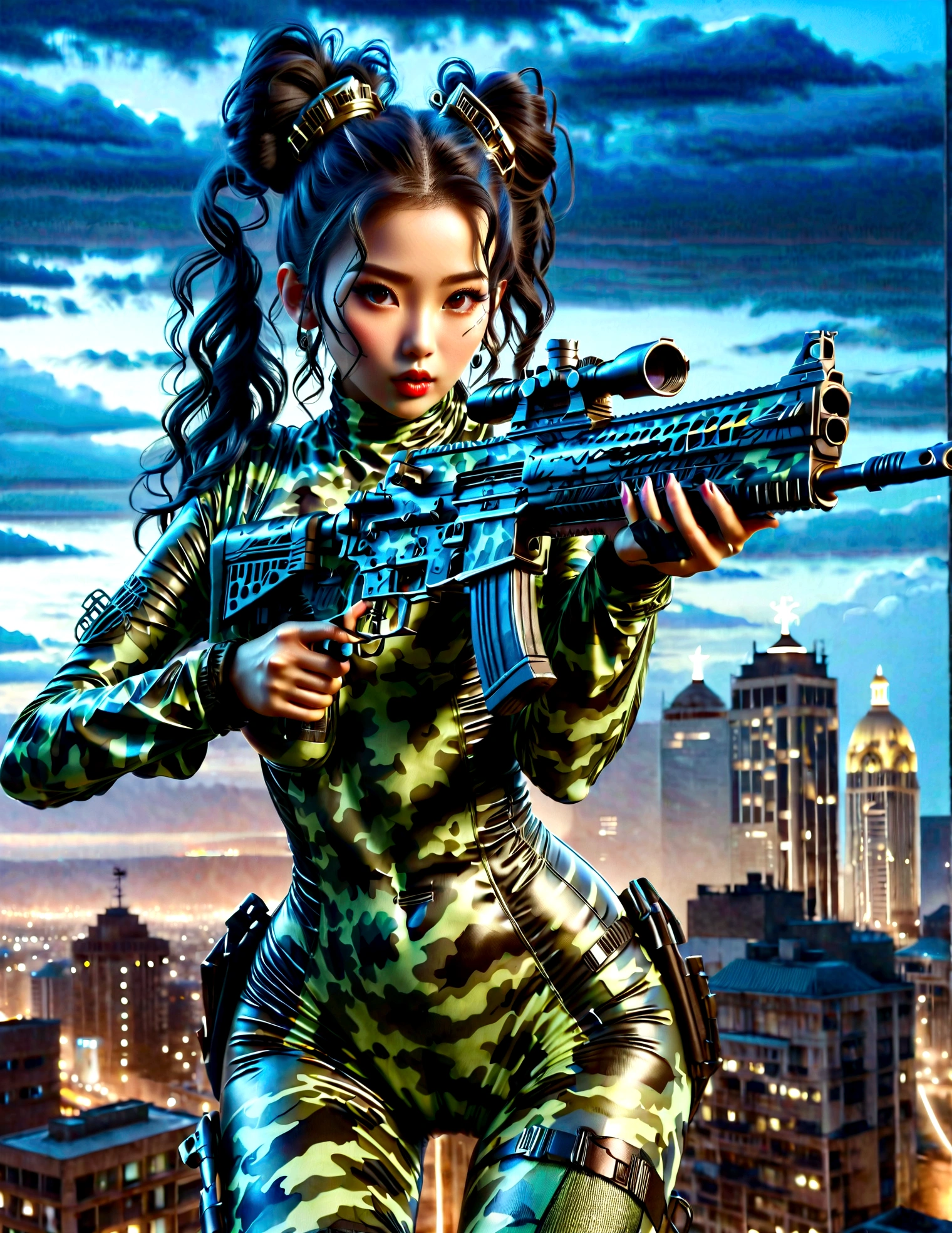 Beautiful Asian woman, large breasts, black hair slicked back in a two-bun hairstyle, wearing a (night camo:1.4) latex bodysuit and (night camo makeu:1.4), holding an assault rifle, on the roof of a high-rise building, against a night cityscape, dark background, full body portrait, master of calligraphy, immortal, (highest quality, 4k, 8k, high resolution, masterpiece: 1.2), ultra-detailed, (realistic, photorealistic, photorealistic: 1.37), HDR, studio lighting, extremely detailed, vibrant colors, cinematic lighting