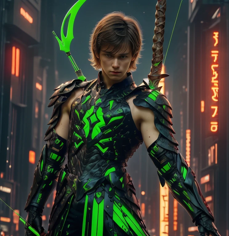 (ultra realistic,32k, masterpiece:1.2, UHD),(high detailed skin:1.1),( high quality:1.1), 1 boy, brown short raw cut hairs, brown eyes, green techno fantasy armor, cyberpunk, techno fantasy bow with ((energy bow arch)),((energy arrows)), caucasian race, light decourations, 18 years old 