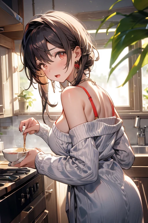 masterpiece, yor, 1girl, Amazing Cleavage:1.3, thin waist, big ass, Raised sexy, medium breast: 1.8 posed cleavage:1.2、solo, looking at viewer, open mouth, have a cup of coffee,black hair, red eyes, dress, bare shoulders, jewelry, collarbone, sidelocks, hairband, earrings, indoors, off shoulder, :o, sweater, arms behind back, plant, short hair with long locks, white hairband, off-shoulder dress, sweater dress, off-shoulder sweater, red sweater, big side hair, very long side hair,is rendered in (masterpiece: 1.2, best quality), with (ultra high resolution) and an exquisite (depth of field). This masterpiece is not only visually stunning but also tells, make of cake cooking ,in the kitchen