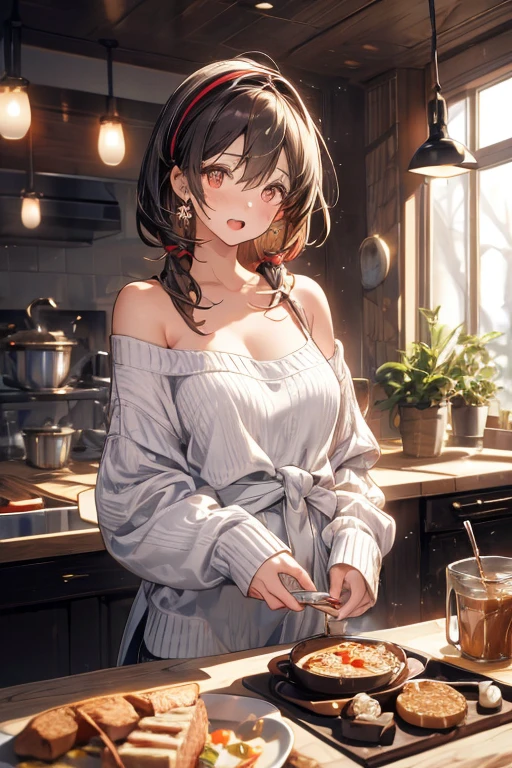 masterpiece, yor, 1girl, Amazing Cleavage:1.3, thin waist, big ass, Raised sexy, medium breast: 1.8 posed cleavage:1.2、solo, looking at viewer, open mouth, have a cup of coffee,black hair, red eyes, dress, bare shoulders, jewelry, collarbone, sidelocks, hairband, earrings, indoors, off shoulder, :o, sweater, arms behind back, plant, short hair with long locks, white hairband, off-shoulder dress, sweater dress, off-shoulder sweater, red sweater, big side hair, very long side hair,is rendered in (masterpiece: 1.2, best quality), with (ultra high resolution) and an exquisite (depth of field). This masterpiece is not only visually stunning but also tells, make of cake cooking ,in the kitchen