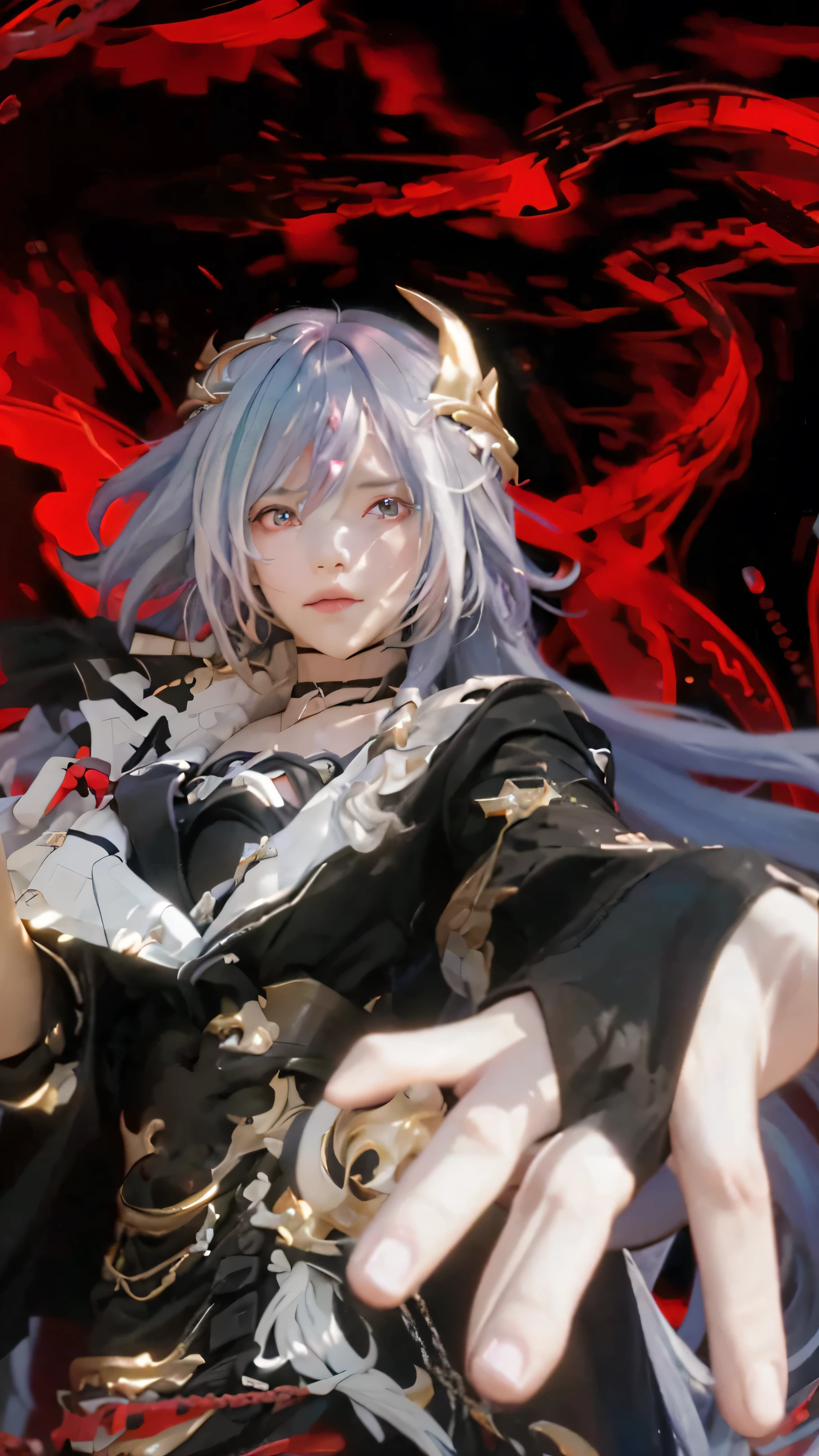 ((HERRSCHER OF SENTIENCE_HONKAI IMPACT 3RD)),((realistic, photorealistic)),(highlight hair)), Light reflection, (( HD )),((upper body)), (((best quality, masterpiece))), (masterpiece) (best quality) (detail) (8k) (HDR) (wallpaper) (cinematic lighting) (sharp focuasterpiece, best quality: 1.1), Real life adaption of this character, beautiful girl, Shining green eyes, realistic outfit, realistic shadow, realistic light, realism, hyper realistic, realistic background,Realistic hair, realistic hair at the back,(photorealistic:1.2), 1girl,Black red background, chain, light particles,Glowing red chain, foreground chain, motion blur chain, Flying hair 