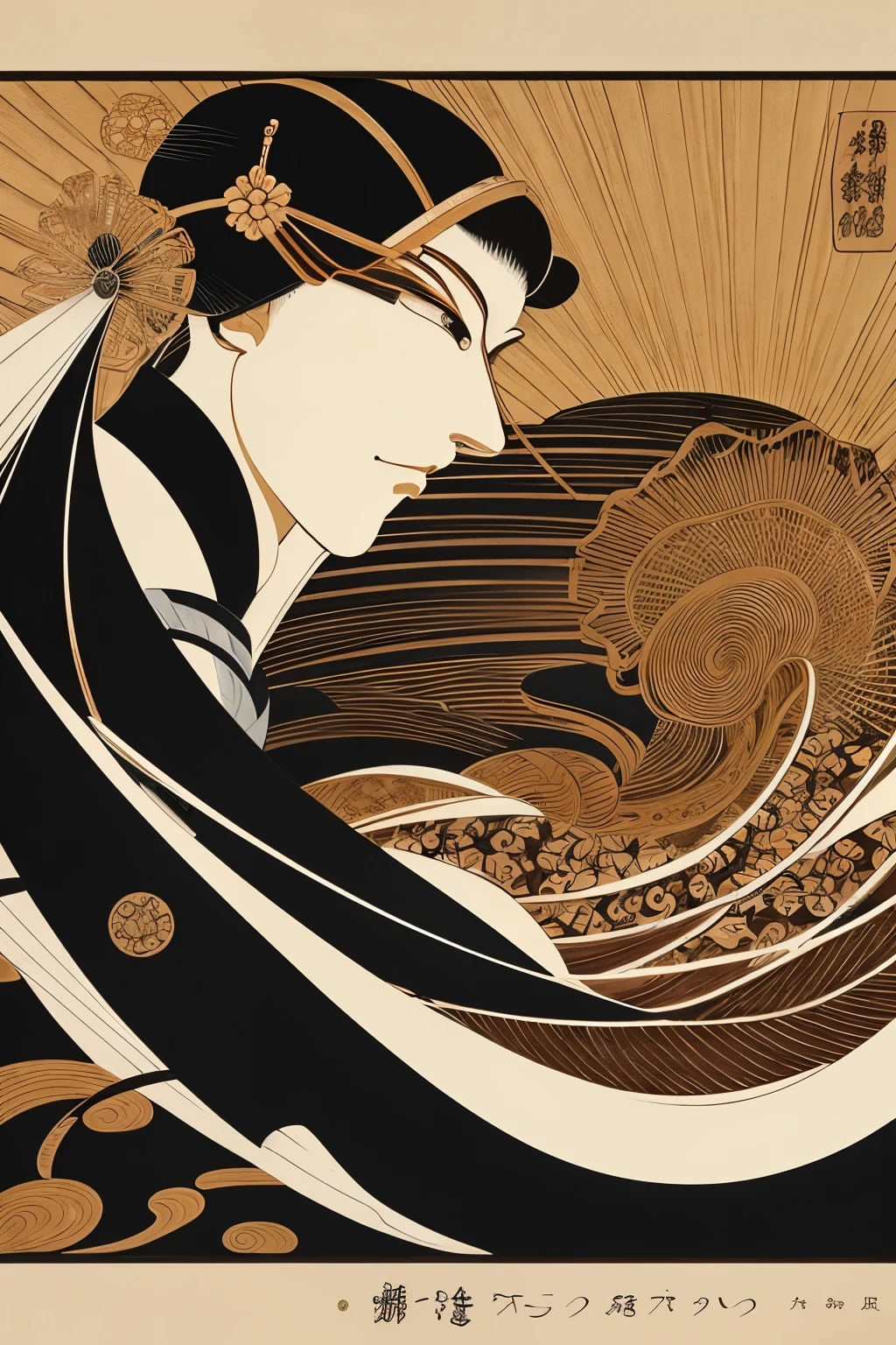 best quality, super fine, 16k, incredibly absurdres, extremely detailed, 2.5D, delicate and dynamic, fusion of Japanese painting, Ukiyo-e and woodblock print styles, modern artworks with classical marquetry, complex and bizarre shapes, mysterious shapes, beauty, rich colors, sepia tones, monochrome