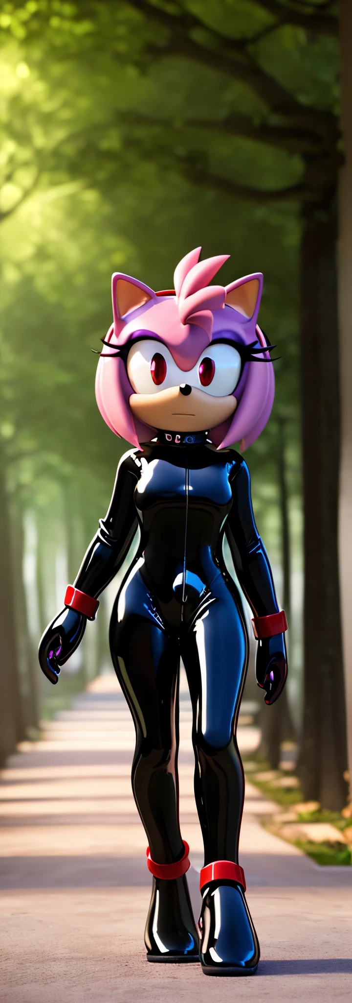 Solo, 1girl, full body image, rendered in SFM, ((sonic oc:1)), from sonic, high detail iconic character, in the new action-movie sonic, knothole forest, official render, 3d render official art, toon shader, ((female)), (((purple hedgehog:1))), ((shiny)) (purple fur:1.0), (((Amy rose style quills))), (((metallic purple eyeliner))) ((deep red eyes:1.5)), ((calm neutral expression)), ray trace 4 k, ray trace 4k, (((glossy black latex bodysuit:1.5)))