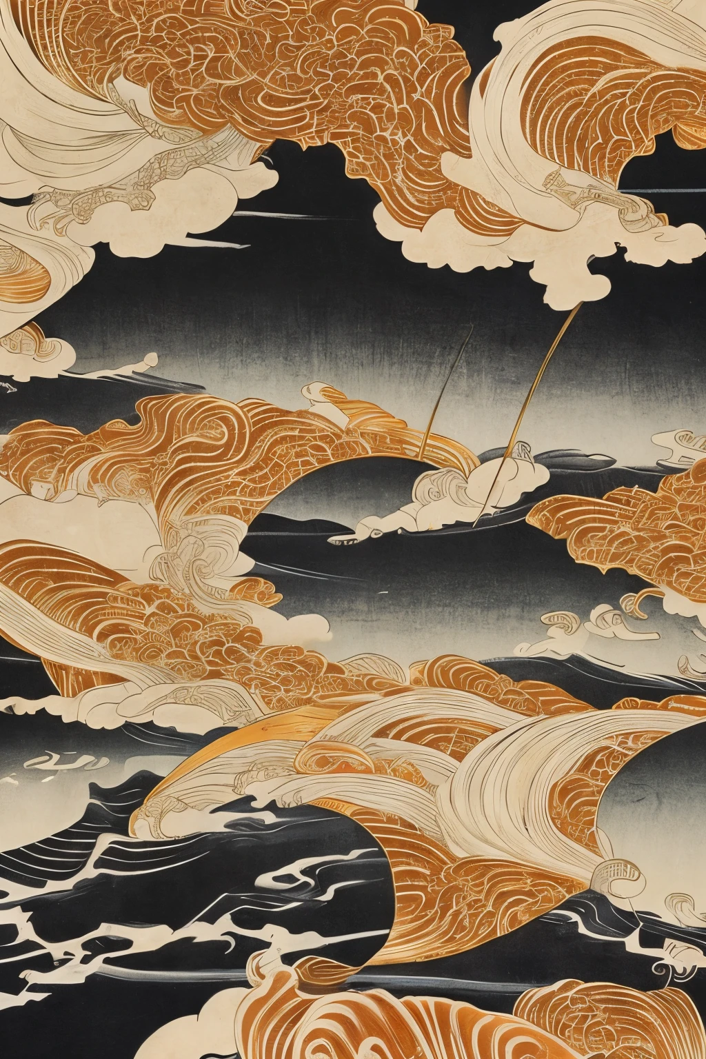 best quality, super fine, 16k, incredibly absurdres, extremely detailed, 2.5D, delicate and dynamic, fusion of Japanese painting, Ukiyo-e and woodblock print styles, modern artworks with classical marquetry, complex and bizarre shapes, mysterious shapes, beauty, rich colors, sepia tones, monochrome