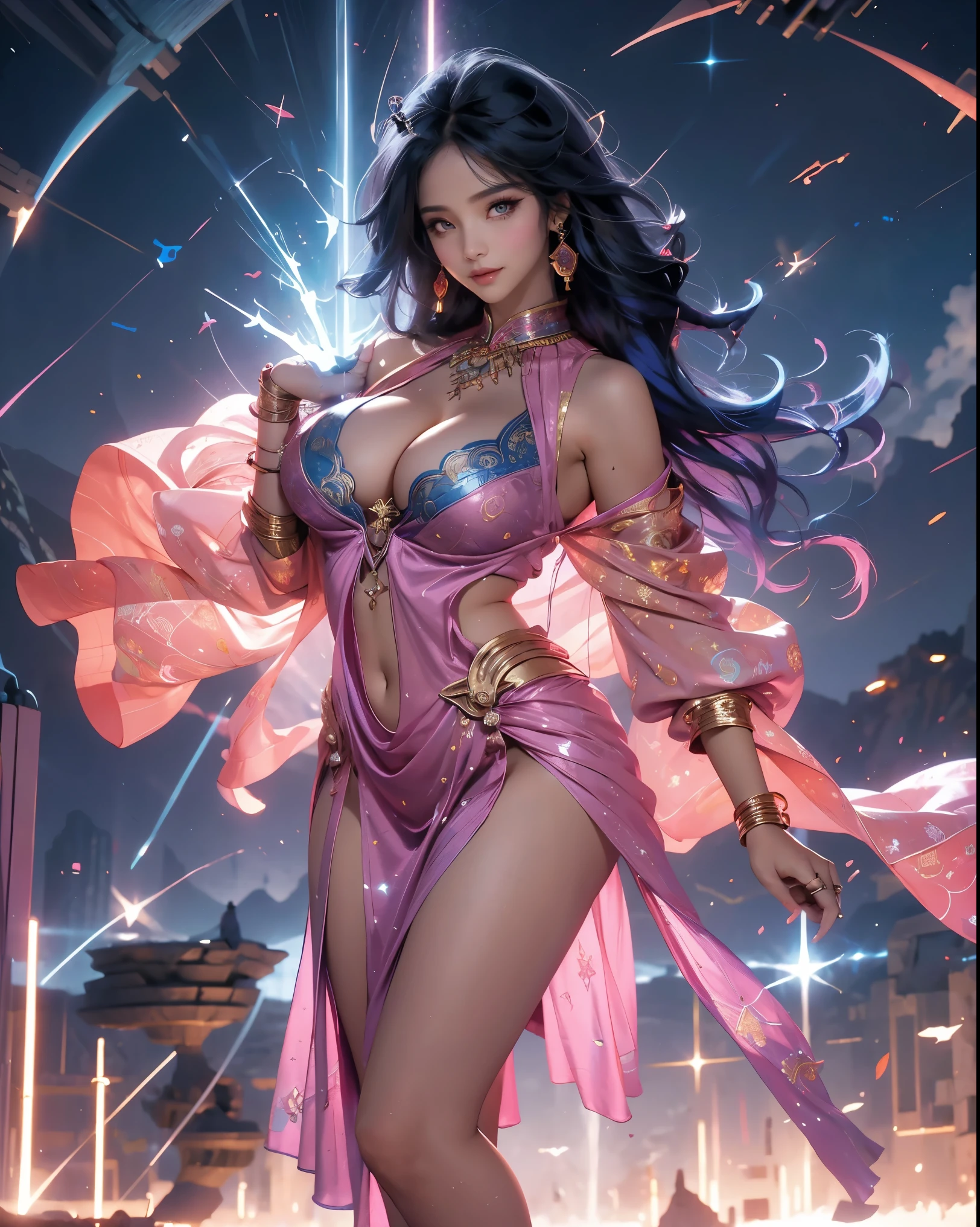 a sexy woman swinging in sky, sorceress, wearing a silk tight dress, fashion, wearing ornate silk clothes, sexy huge breasts, cleavage, sexy pose, smiley face, smile on face, wind sorcerer, sorcerer, mehndi patterns, lovely  princess, hippie fashion, maya ali wind sorcerer.