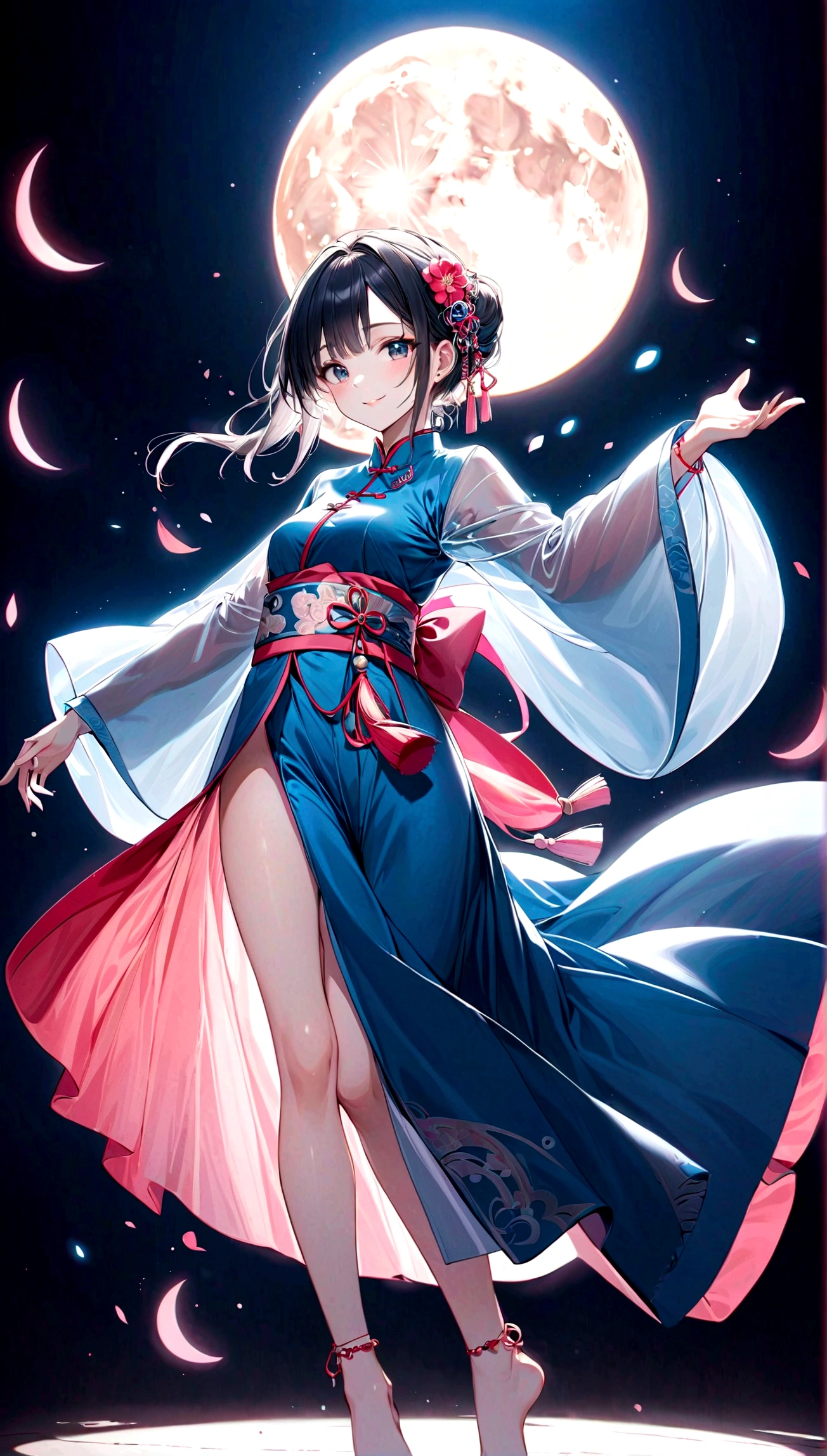 1 Girl,Solitary,whole body, Outstretched Hand,barefoot,  looking at the audience,
r-line 2, single bun, hair ring, Side lock, tassel, Jewelry, transparent,Chinese clothes, Blue Dress, transparent sleeves, Wide sleeves, Flowering, sash,Anklet,
Smile, moon,