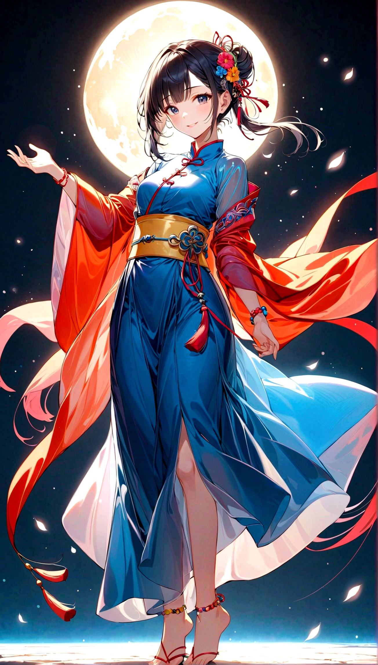 1 Girl,Solitary,whole body, Outstretched Hand,barefoot,  looking at the audience,
r-line 2, single bun, hair ring, Side lock, tassel, Jewelry, transparent,Chinese clothes, Blue Dress, transparent sleeves, Wide sleeves, Flowering, sash,Anklet,
Smile, moon,