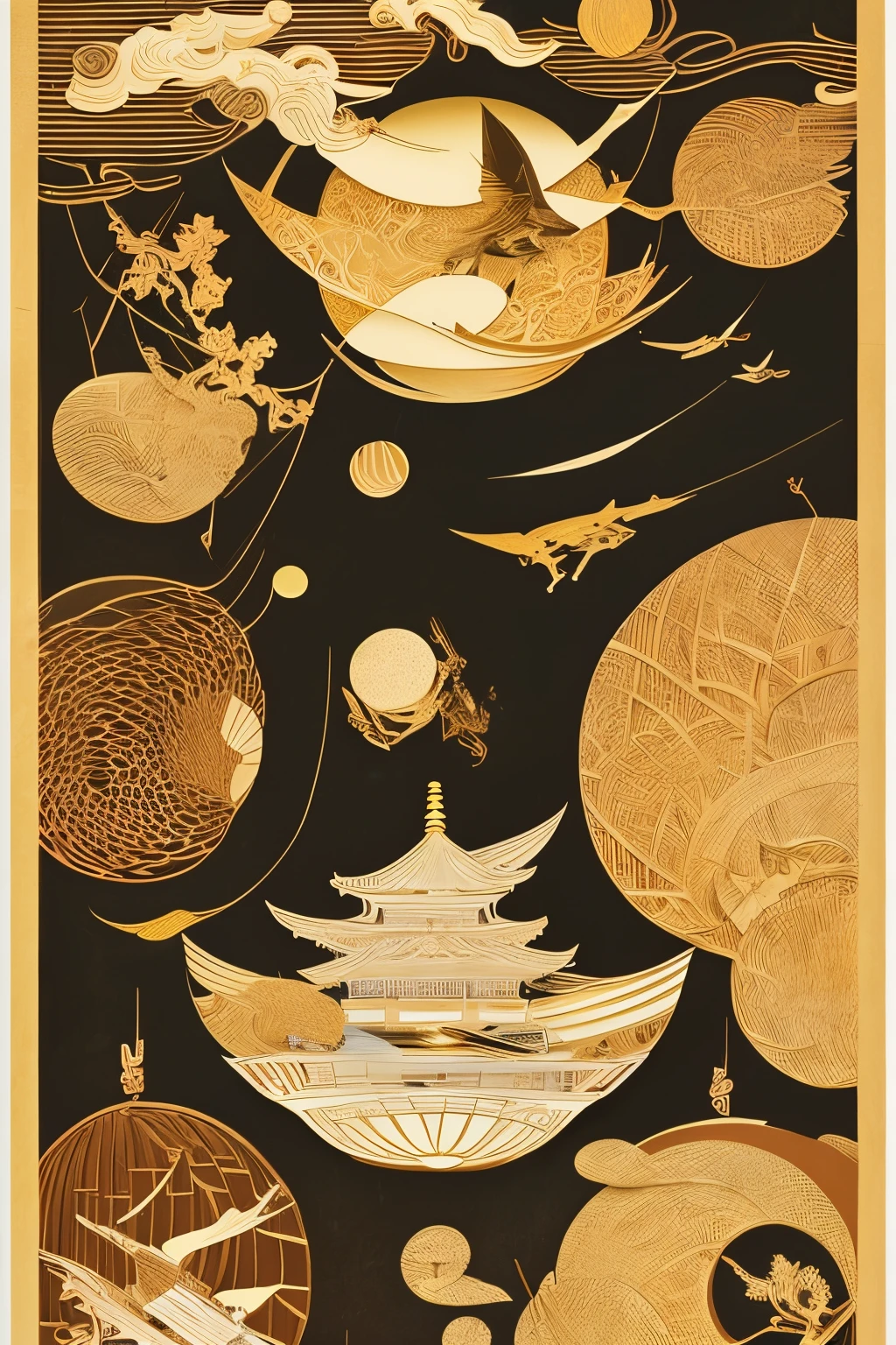 best quality, super fine, 16k, incredibly absurdres, extremely detailed, 2.5D, delicate and dynamic, fusion of Japanese painting, Ukiyo-e and woodblock print styles, modern artworks with classical marquetry, complex and bizarre shapes, mysterious shapes, beauty, rich colors, sepia tones, monochrome