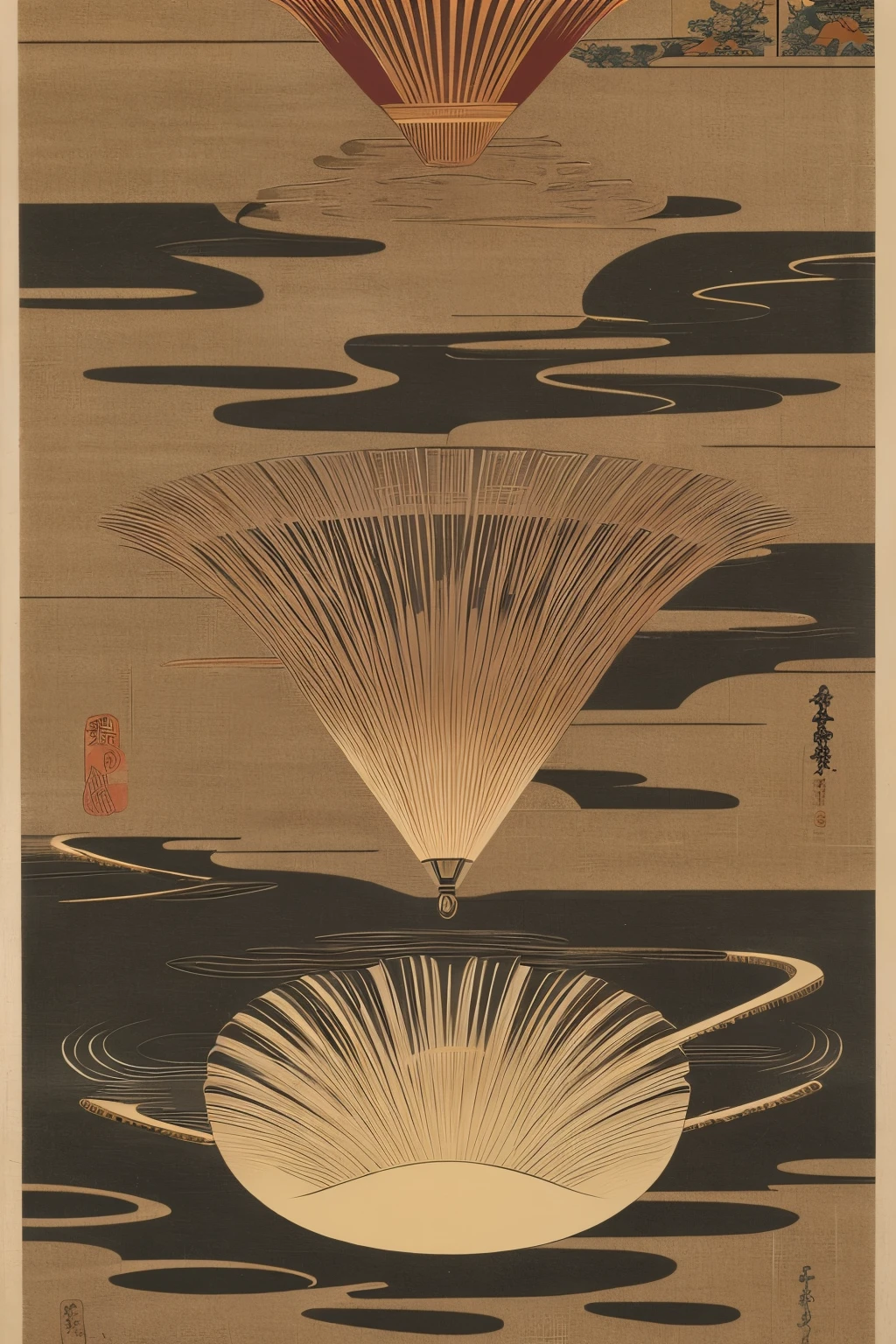 best quality, super fine, 16k, incredibly absurdres, extremely detailed, 2.5D, delicate and dynamic, fusion of Japanese painting, Ukiyo-e and woodblock print styles, modern artworks with classical marquetry, complex and bizarre shapes, mysterious shapes, beauty, rich colors, sepia tones, monochrome