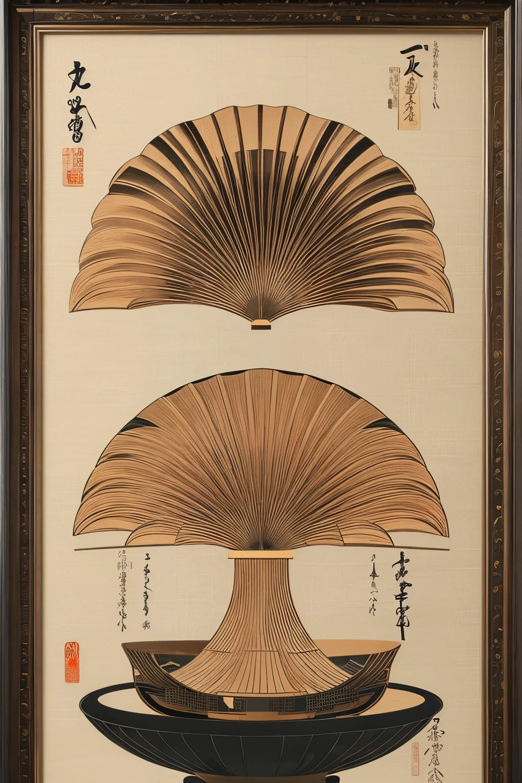 best quality, super fine, 16k, incredibly absurdres, extremely detailed, 2.5D, delicate and dynamic, fusion of Japanese painting, Ukiyo-e and woodblock print styles, modern artworks with classical marquetry, complex and bizarre shapes, mysterious shapes, beauty, rich colors, sepia tones, monochrome