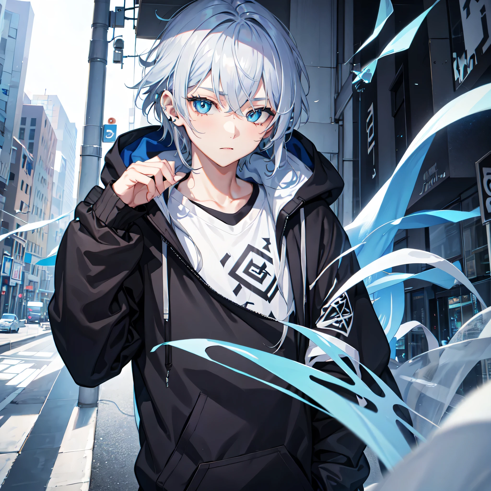 1boy,city,Volcom hoodie,tied hair,beautiful Silver hair,beautiful blue eyes,inner Blue,using piercing,