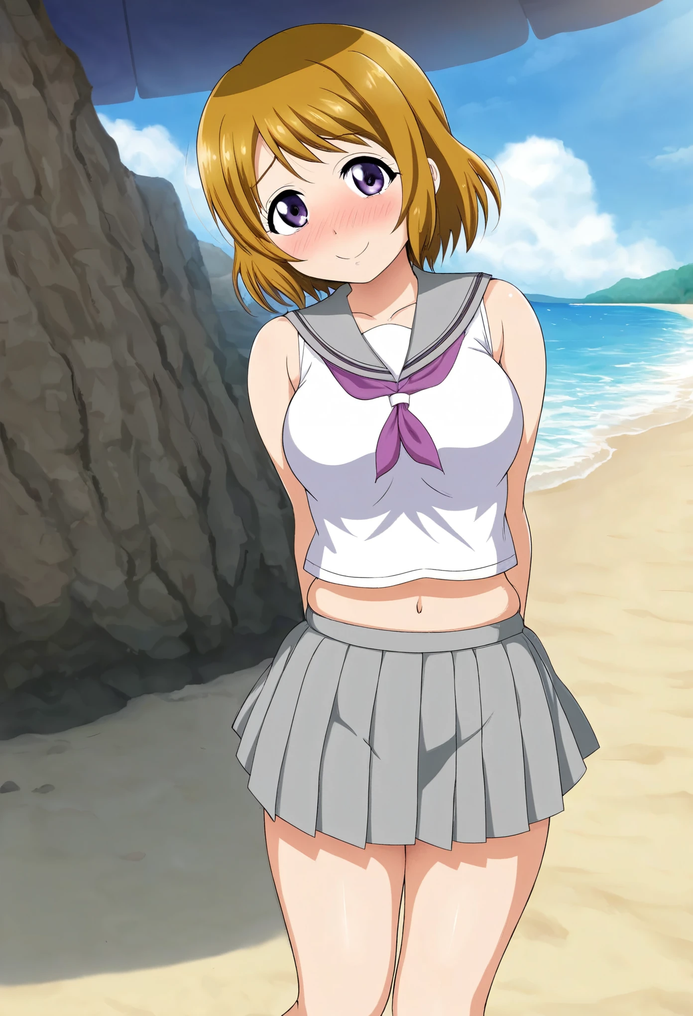 Masterpiece, best quality, 80's anime style,solo , Hanayo Koizumi, purple eyes,blush, skirt, sleeveless, pleated skirt, serafuku, grey skirt, white top, uranohoshi ,beach, thighs, skindentation , shy ,shy pose , arms behind back,midriff , standing , pervert smile 