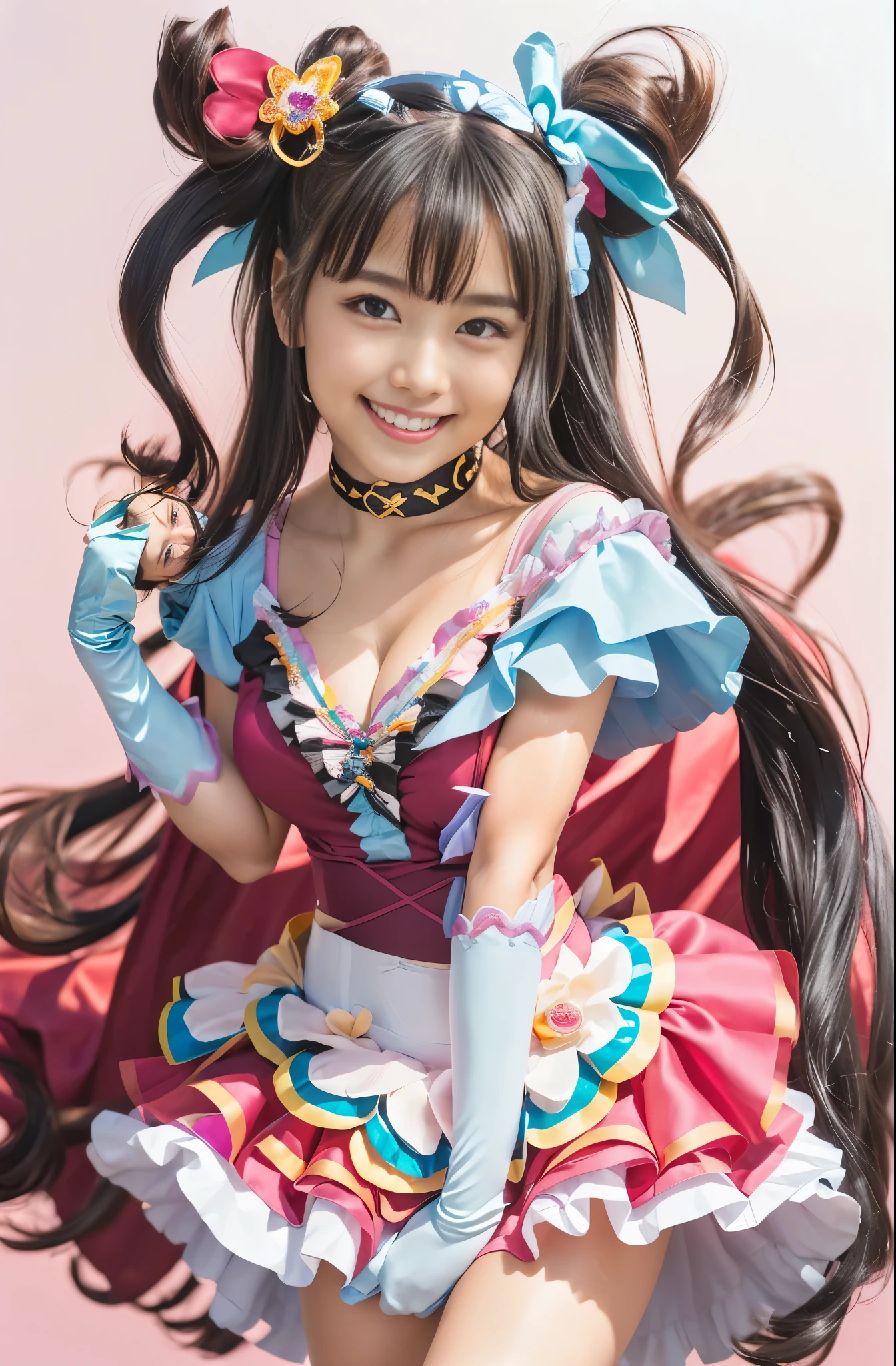 (8k、Raw photography、highest quality、masterpiece:1.2),(Black Hair、Dark Eyes:1.9),(Pretty Cure Costume:1.6)、View your viewers,Viewed from the front,White skin,(:1.6)、(Tight waist:1.6)、(Clothes that accentuate the shape of the breasts:1.0)、(Big Breasts :1.3)、Slim figure、Ultra-high resolution,beautiful,beautiful fece,(one person、No background:1.9),whole bodyボディー,Japanese women,(reality的:1.37)、Photon Mapping,reality、(Baby-faced and cute: 1.2)、(Cute Smile: 1.8)、(Round face: 1.8)、Radio City、Physically Based Rendering、Depth of field rally background、photograph, (I can see your knees、Thigh close-up:1.8),(:1.6),whole body、Great quality