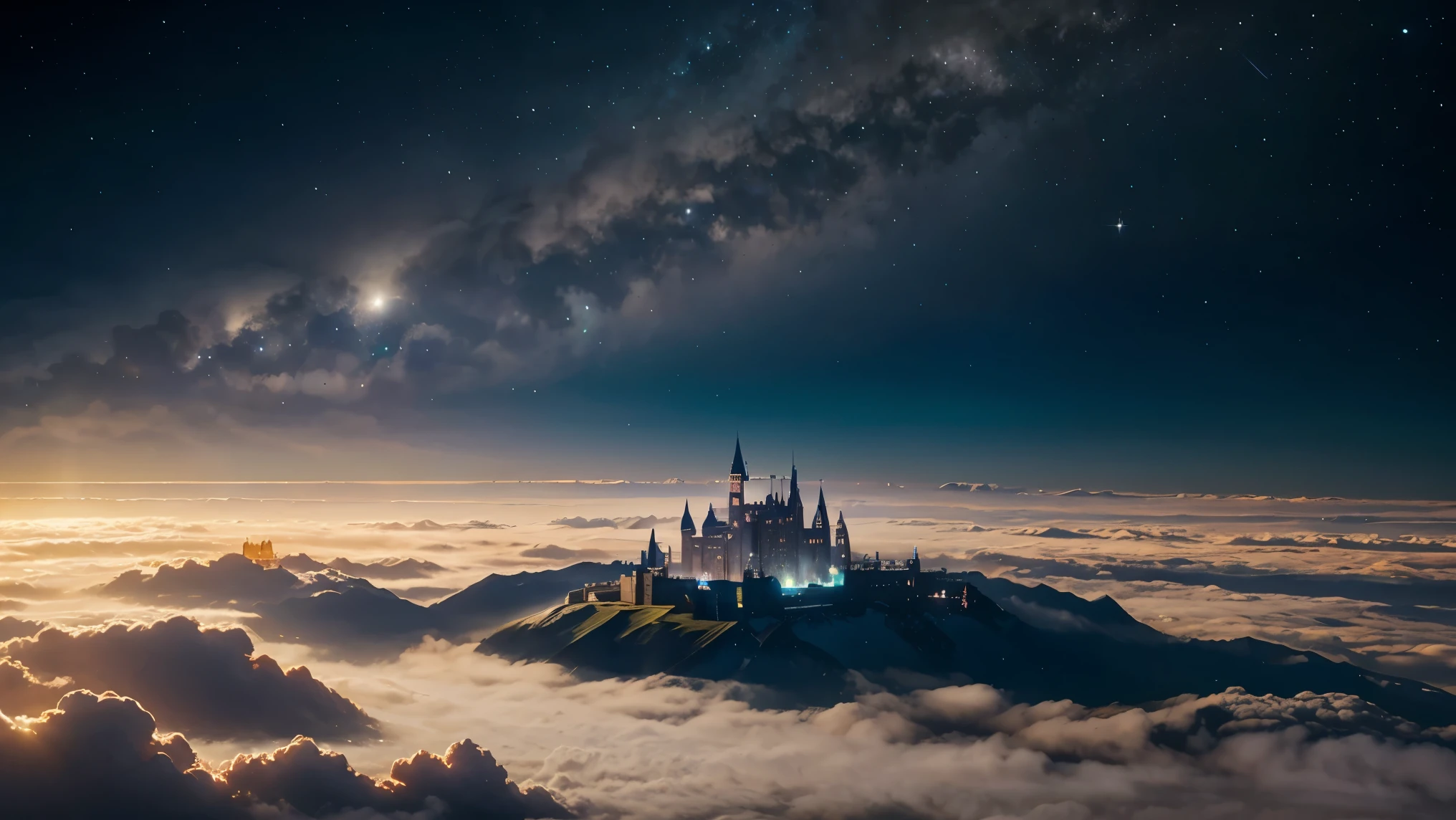 In the cloud is a visible city with many castle floating in the skies, covered in diamonds, the cities spread across the skies, comets, stars, we can see part of the galaxy, shimmering, glitters, glow. Bright Heavy warm backlight. Bright light streaks shines from above the castle