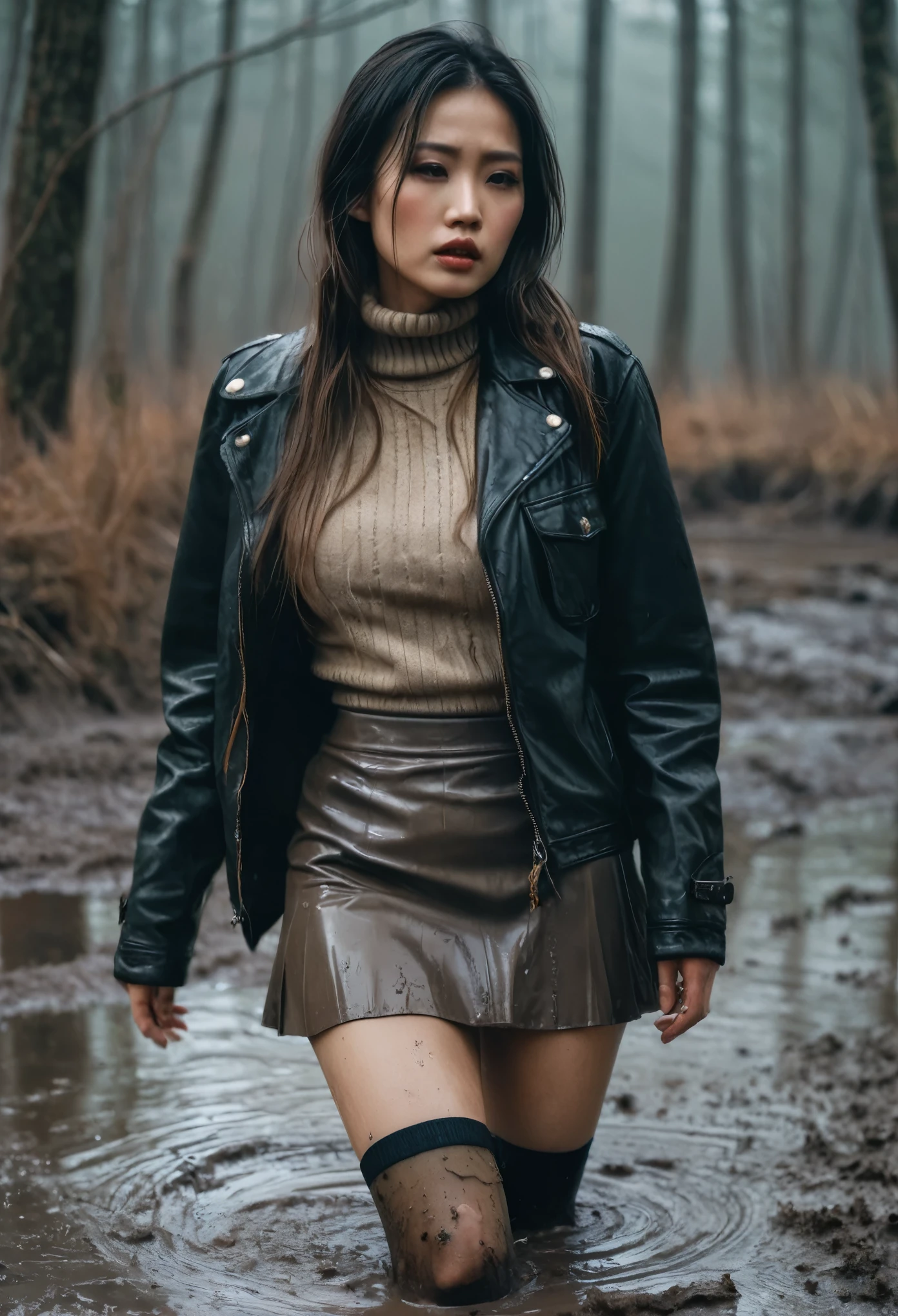 8k, ultra-detailed, documentary drama photo, grainy film photo, side view, close-up, masterpiece,muted colors, muffled light, dusk, rainy, moody, woman drowning in forest mud bog, shame expression, stockings, sexusl intercourse, faded mini-skirt, light turtleneck sweater, messy faded leather jacket, beautiful long brunette hair, depraved outfit,asian:0.5fetishistic makeup,