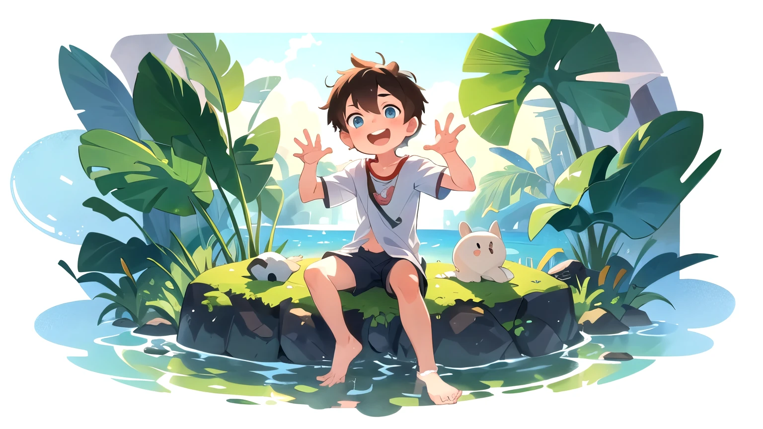 ((best quality)), ((masterpiece)), (detailed), 1boy, young boy, short, narrow shoulders, happy expression, bathing, transparent water, top down view, full body, no underwear