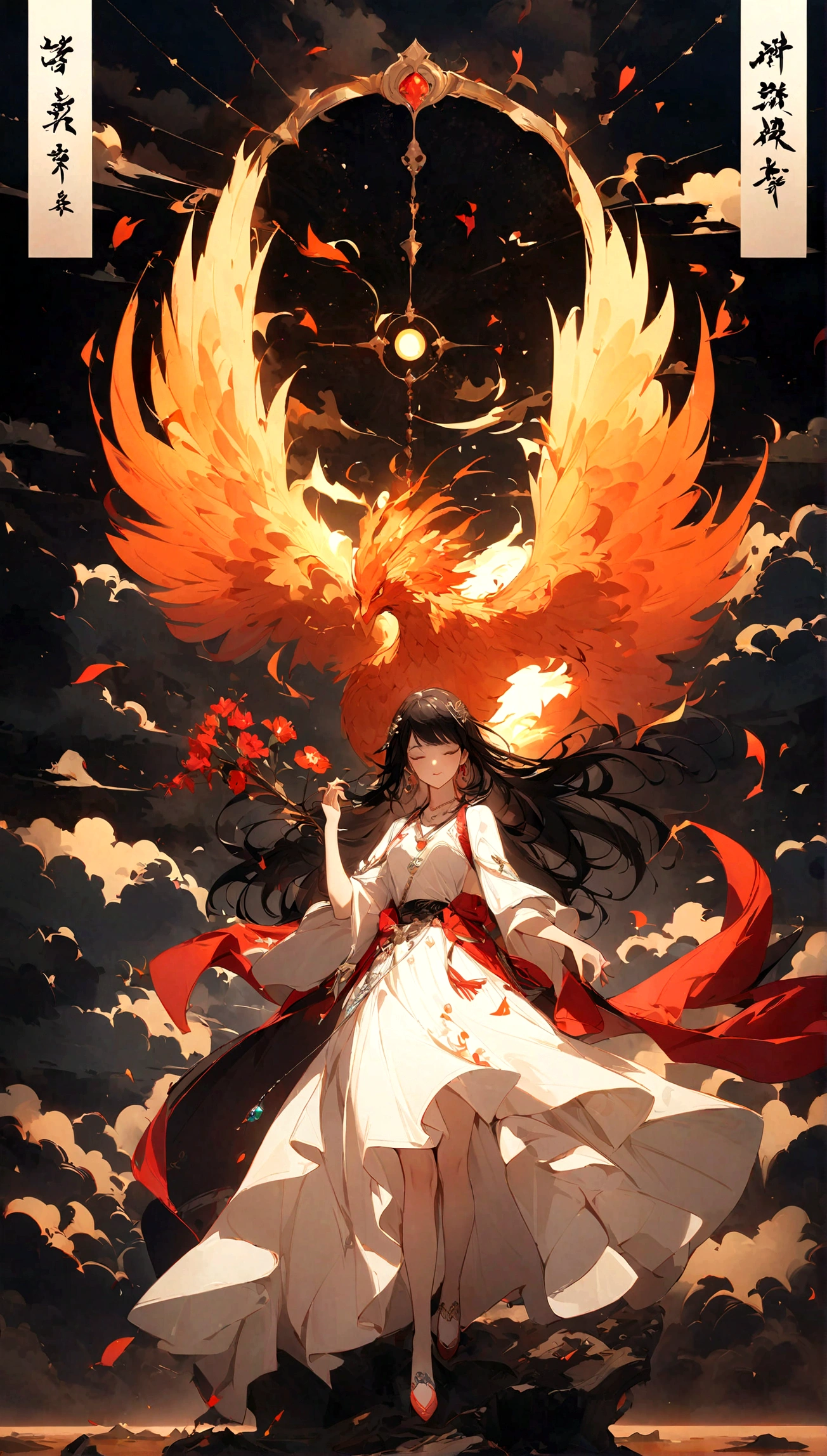 Symmetrical art, full body, phoenix, vortex, masterpiece, best quality, 8k wallpaper,cloud,The time of sunrise is coming, The east of the sky has been a touch of red,heralding the coming dawn, At this point, bright gem, clouds, The whole mountain shines with golden light, As if in a fairyland, intoxicating beauty, Chinese ink painting, 2D conceptual design, cloud, 1girl, nail_polish, phoenix eye, jewelry, necklace, black_hair, closed_eyes, solo, dress, holding_flower,black_hairancient art, chinese .