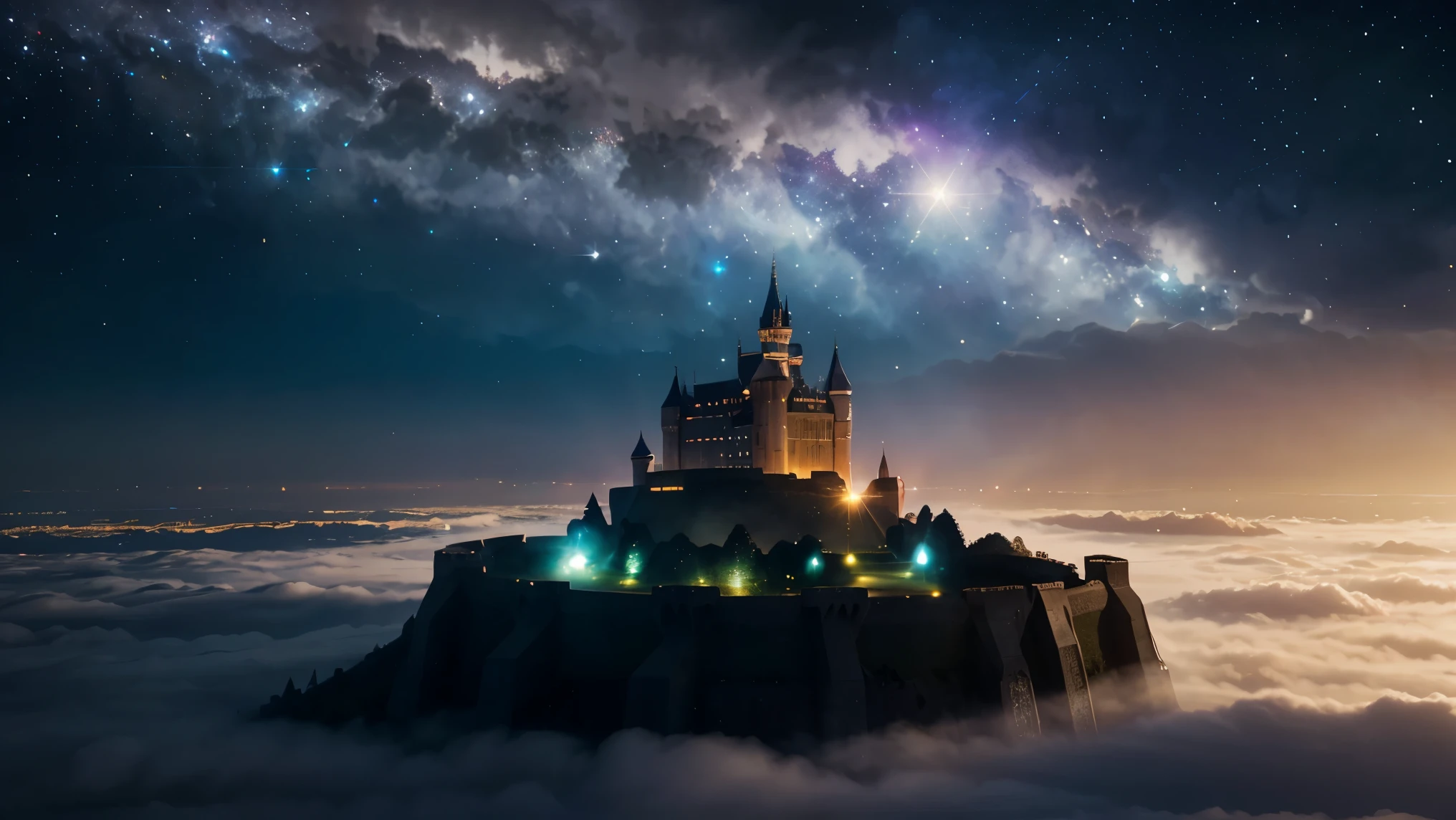 In the cloud is a visible city with many castle floating in the skies, covered in diamonds, the cities spread across the skies, comets, stars, we can see part of the galaxy, shimmering, glitters, glow. Bright Heavy warm backlight. Bright light streaks shines from above the castle