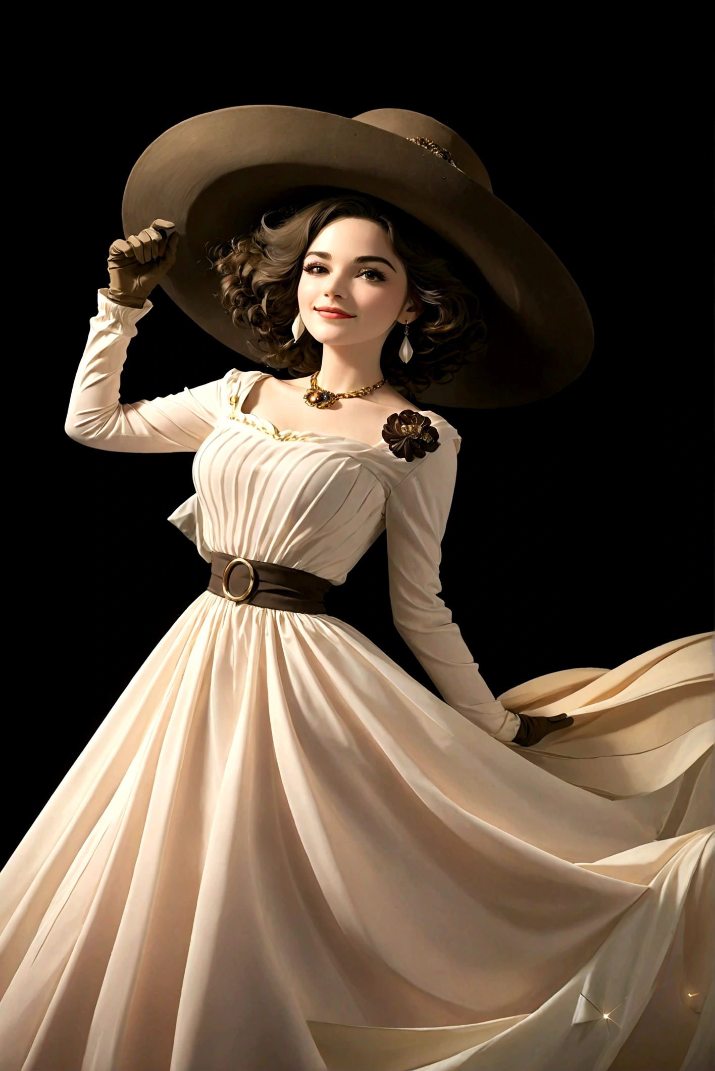 1 Girl,White Dress,Big gray hat,Grey gloves,Jewelry,solo,Simple background