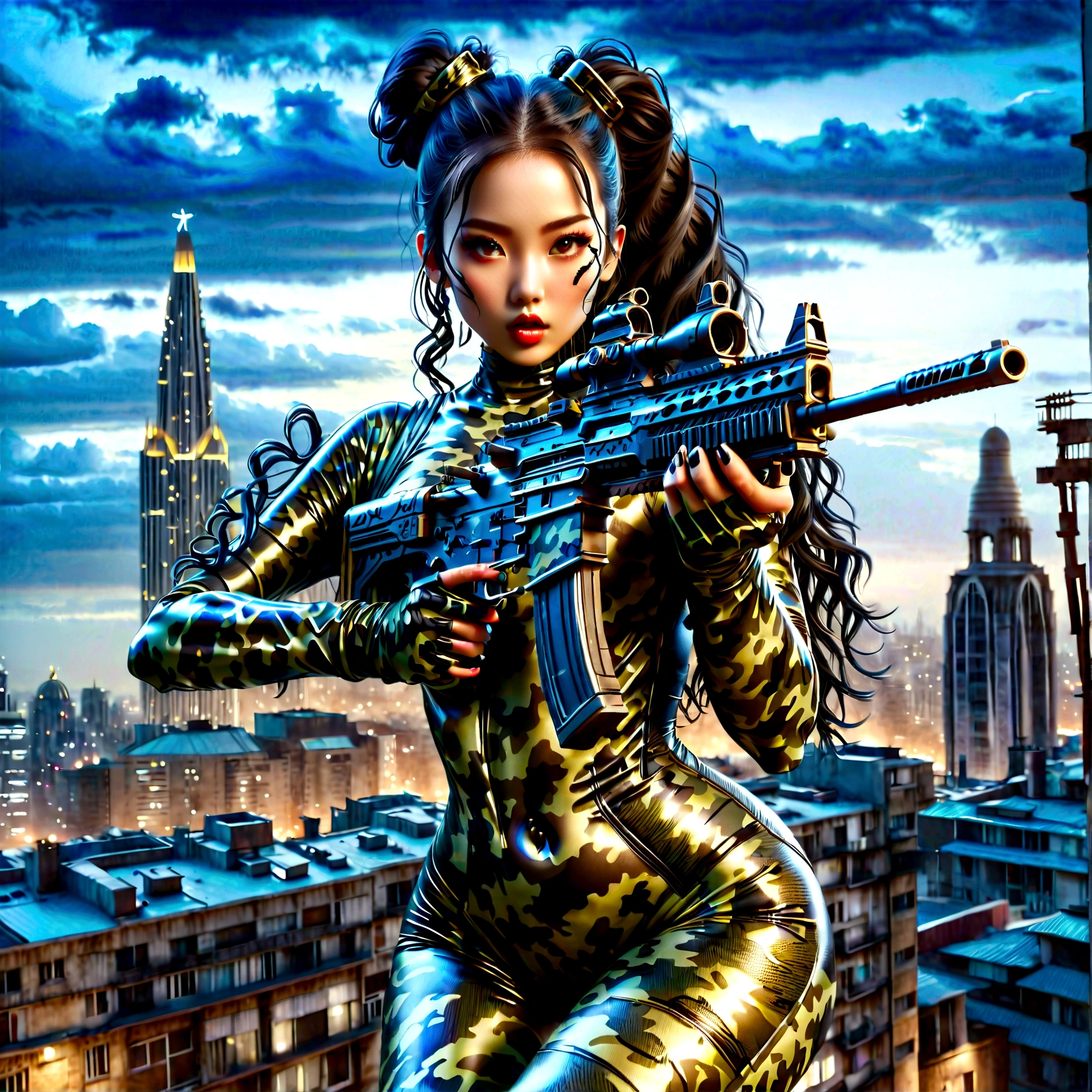 Beautiful Asian woman, large breasts, black hair slicked back in a two-bun hairstyle, wearing a (night camo:1.4) latex bodysuit and (night camo makeu:1.4), holding an assault rifle, on the roof of a high-rise building, against a night cityscape, dark background, full body portrait, master of calligraphy, immortal, (highest quality, 4k, 8k, high resolution, masterpiece: 1.2), ultra-detailed, (realistic, photorealistic, photorealistic: 1.37), HDR, studio lighting, extremely detailed, vibrant colors, cinematic lighting