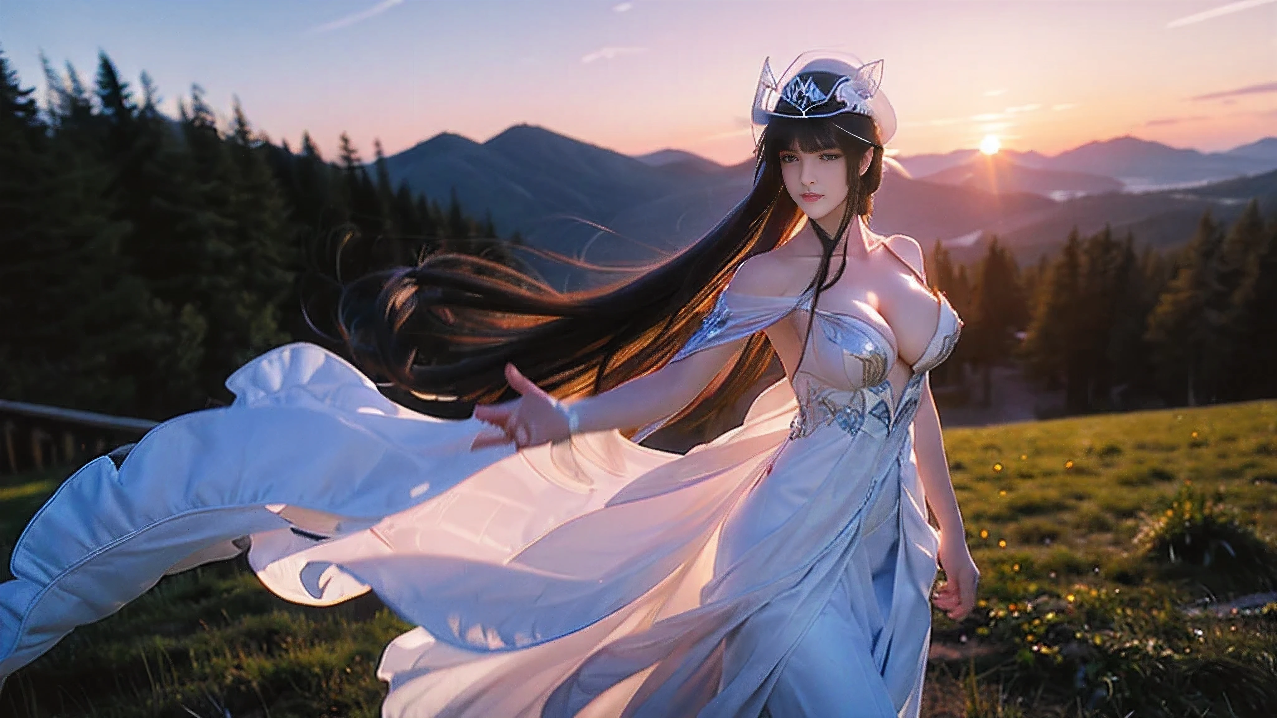 a beautiful woman, blue eyes, big breasts, white dress, cleavage, collarbone, white hat, bowed face, side profile, sad face, white chiffon draped over long shoulders flying in wind, , scenery of sunset maple leaf forest