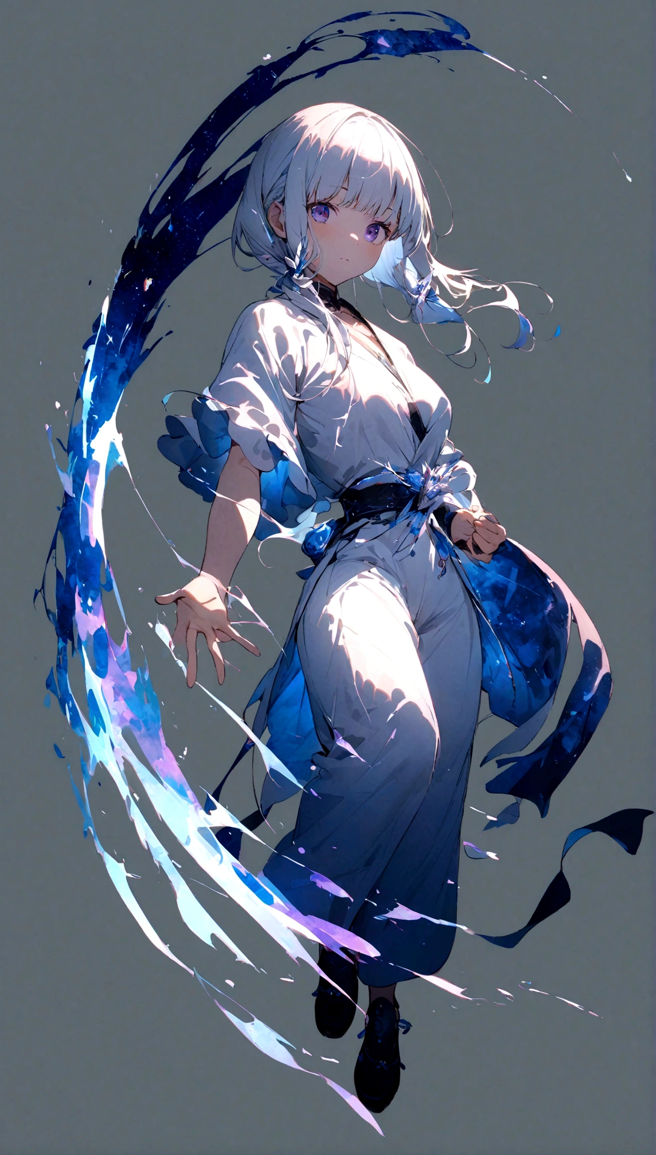 Use watercolor to make the picture colorful, 4k,1 Girl,whole body,no weapons,(Handheld Arc),(Blue arc:1.2),(Luminescence:1.5),(simple clothes:1.5),(Starry Sky),(Simple background:1.6),White Theme, Martial arts style,calligraphy characters,magic,Exquisite facial features,Super delicate face,(Best fingers:1.2),