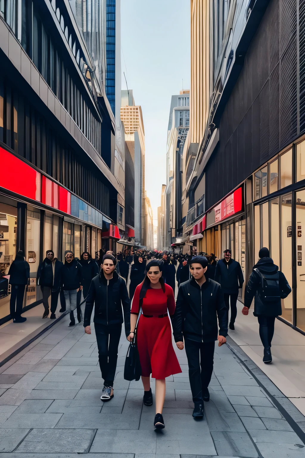 many people walking down the sidewalk in a big city, all wearing black clothes, only one person is wearing red clothes, source_real, photorealistic, 16k