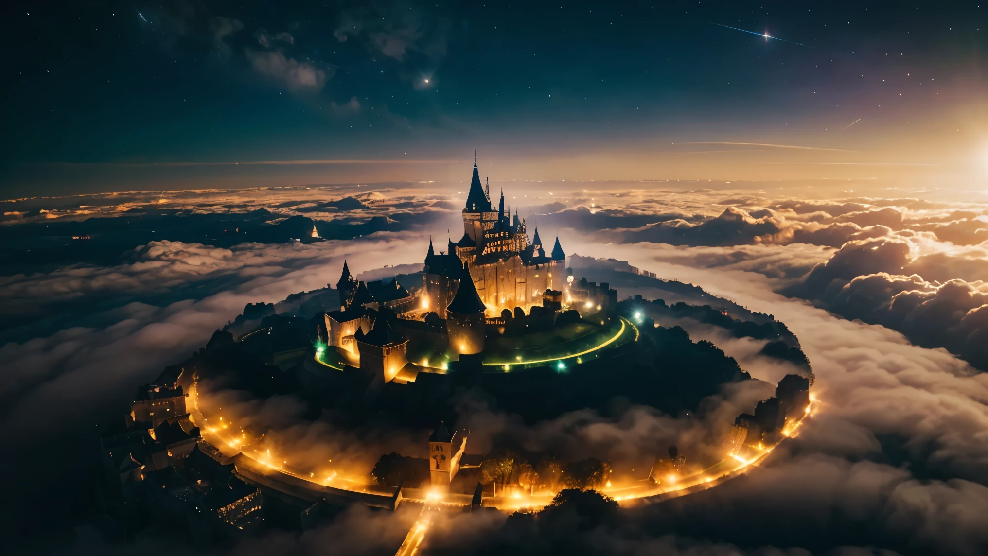 In the cloud is a visible city with many castle floating in the skies, covered in diamonds, the cities spread across the skies, comets, stars, we can see part of the galaxy, shimmering, glitters, glow. Bright Heavy warm backlight. Bright light streaks shines from above the castle