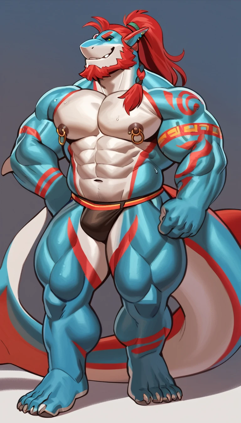 bright red skinned bara shark, strong physique, tribal tattoos, scarlet samurai hair in ponytail, cyan colored eyes, black sclera, very muscular, perfect anatomy, nipple piercings, solo, masterpiece, sexy pose, manly pose, beard, strong jaw, thick thighs, giant biceps, big tail, strong physique, long hair, glowing eyes, very muscular, perfect anatomy, full body view in frame, nipple piercings, solo, masterpiece, sexy pose, tattoos, beard, strong jaw, thick thighs, giant biceps, muscular, feet shown, 5 fingers, big tail, sweat, amazing shading, clear focus, great lighting, super detailed, strong pose, 8K, colorful, vivid color, digital art, character design, great character design, design concept, by adios, magazine model, beauty model, casual clothing, very detailed eyes