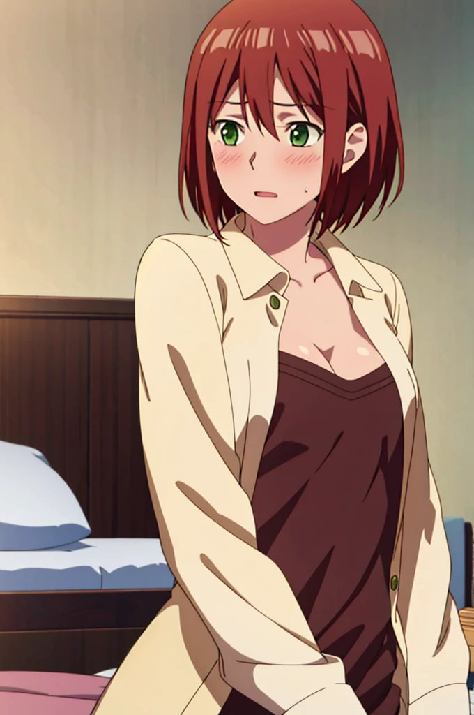 masterpiece, highest quality,8k,One adult woman, Brown Hair,nude, A woman is in front of a girl, Passionate Embrace, chest face press, sniff the chest, Kiss on the chest, One girl, Redhead, blush, Green Eyes, Looking at the audience, indoor, short hair, Open your mouth, White long sleeve shirt, Unbuttoned shirt, Fully open shirt,  Mid-chest, night, Bedroom, Sit on the bed