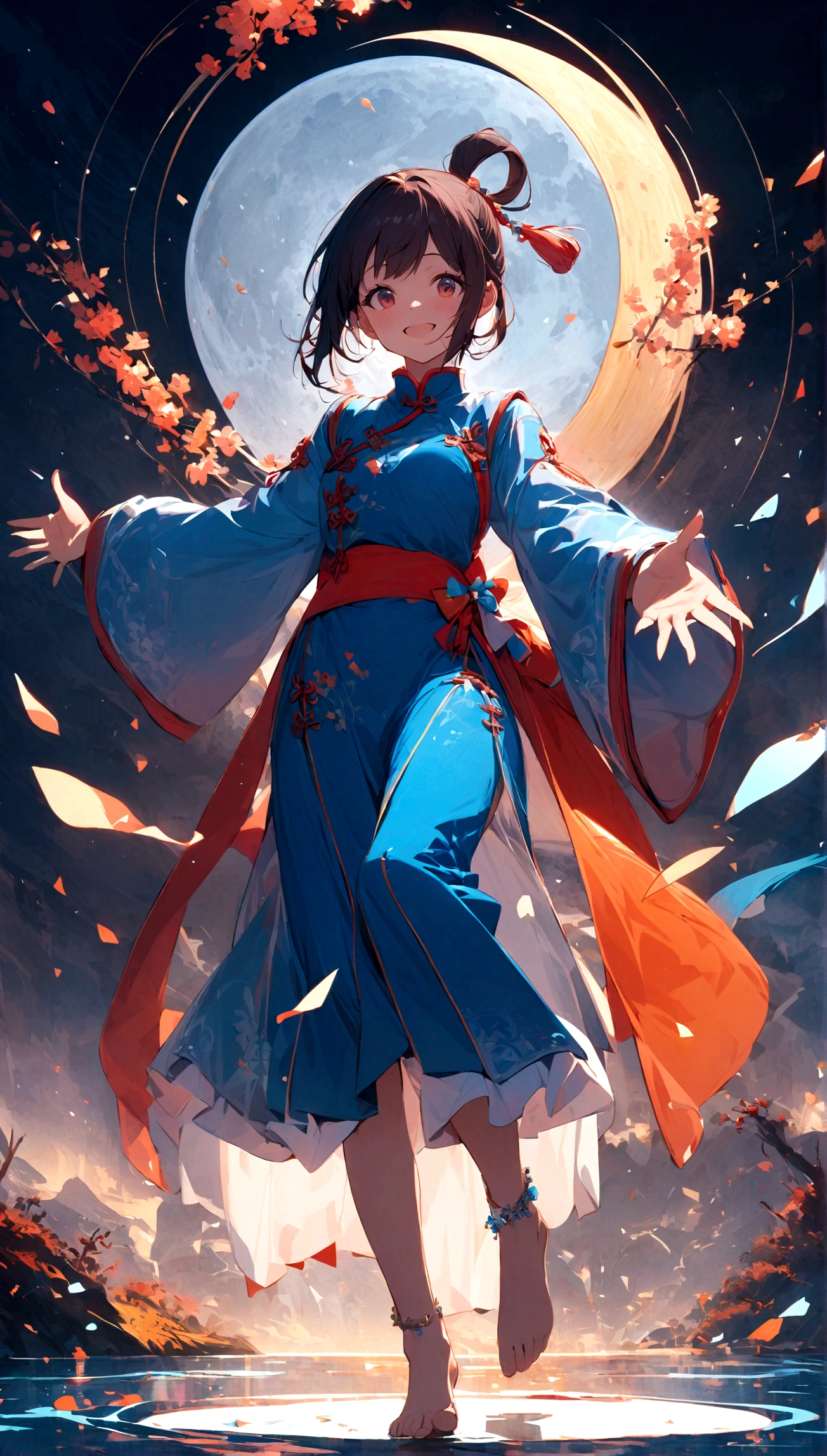 1 Girl,Solitary,whole body, Outstretched Hand,barefoot, looking at the audience,
r-line 2, single bun, hair ring, Side lock, tassel, Jewelry, transparent,Chinese clothes, Blue Dress, transparent sleeves, Wide sleeves, Flowering, sash,Anklet,
Smile, moon,