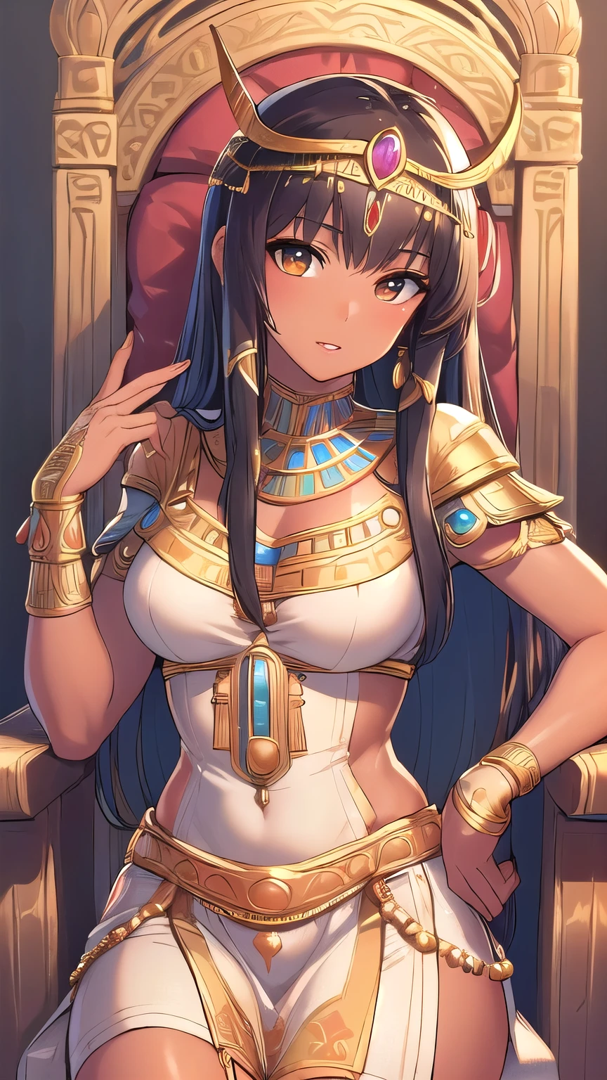 ((best quality)), ((masterpiece)), (detailed face and eyes), perfect face, accurate, textured skin, high details, highres, Cleopatra, queen of ancient Egypt, in silk dress, jewelled crown, lipstick, cowboy shot, Tanned skin, brown skin, throne, whole body