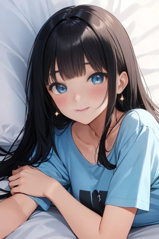 Masterpiece、highest quality、1 female、Super detailed　Black Hair、Blunt Bangs　Blue Eyes、Sparkling Eyes　Smiling、blush　T-Shirts　Face is close、Facial Close-up、Bring your face closer、Lying on the Sheets、Lying on your side　Sheets