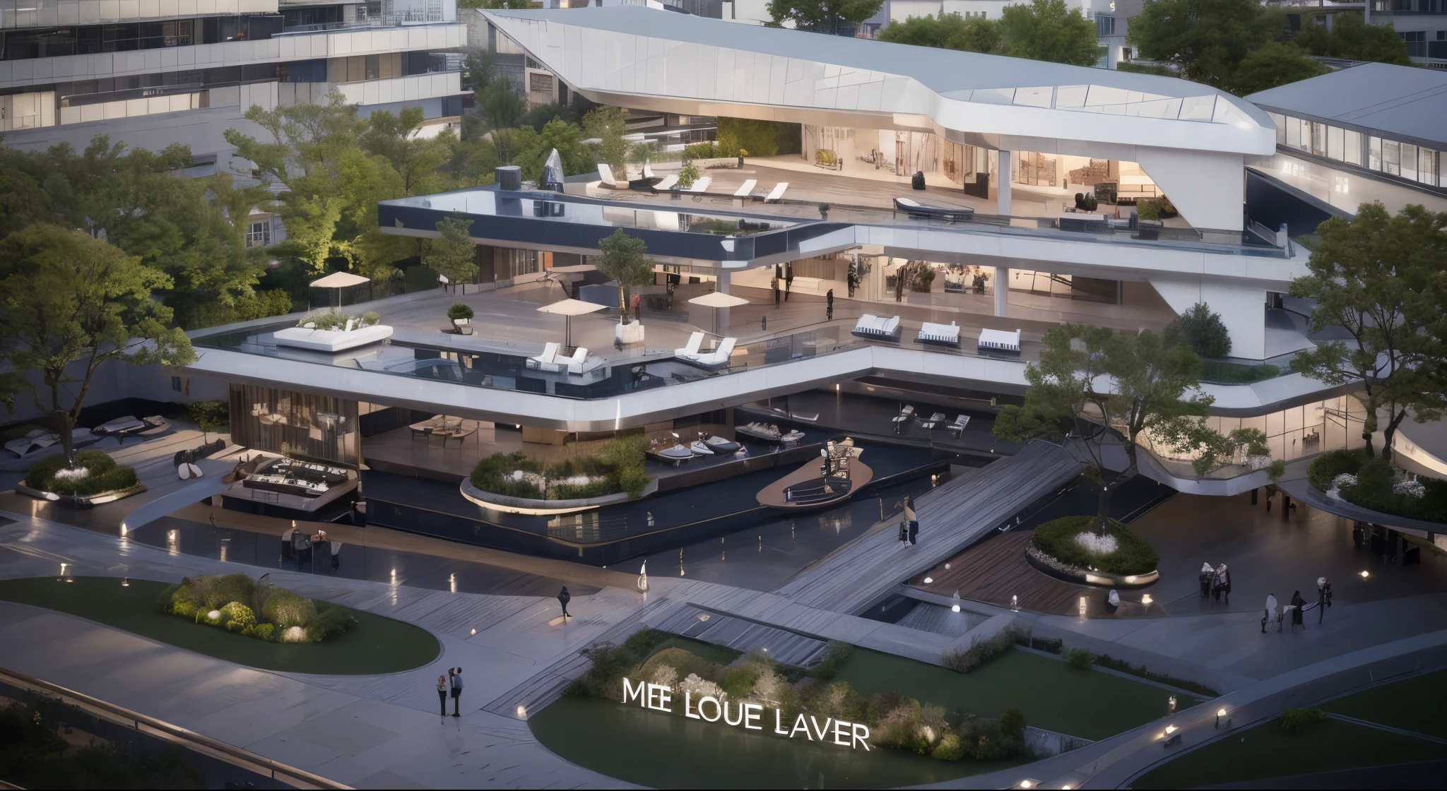  (((( snow view))))Inspired by Kengo Kuma, an outdoor bar and restaurant complex in the shape of a 'long Jabbar' with the words 'Lewis Long Laker' is located on the top floor of a multi-linear square building. The exterior is minimalist, with a white theme