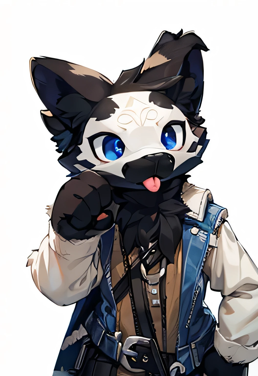 Black hair, Dark Skin, White Mask ,furry,make a fist, Pink tongue, Black nose, Black broken corner, 8k, super detail, UHD, masterpiece, anatomically correct, ccurate, super detail, high details, high quality, best quality, highres, 16k