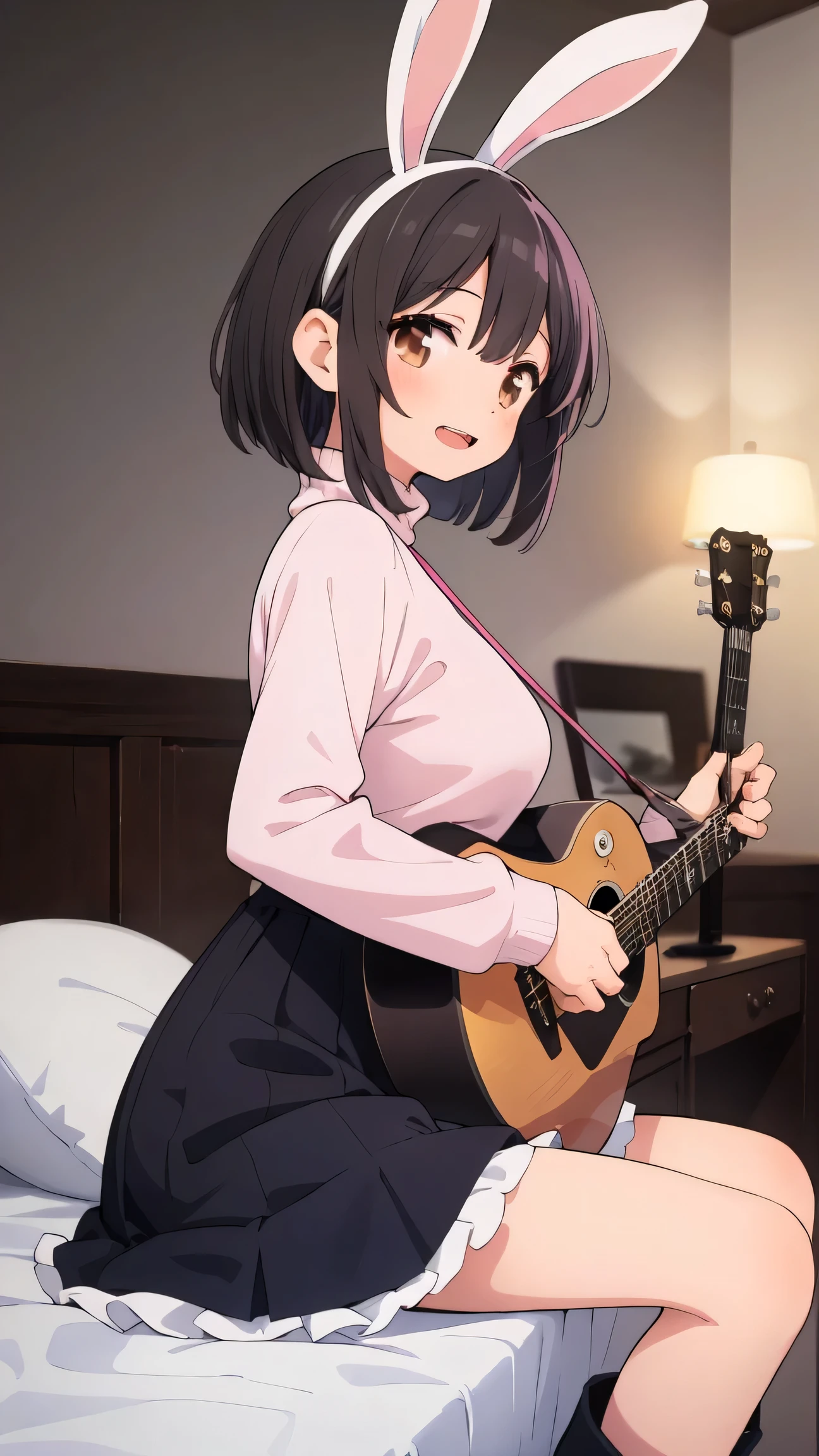 (8k, RAW photo, best quality, masterpiece, highres, absurdres, ultra detailed:1.3), (Photography, realistic, photo-realistic:1.4), (beautiful natural lighting, beautiful deatailed shadow, beautiful detailed glow :1.4), atmospheric, white background, close up, straight-on, (circle around icon:1.5),
BREAK 1 beautiful horny girl,alone,(cute:1.5),(Chibi:0.8),(kawaii1.5),(change:0.9),(horny girl, cute, full of energy, change face,slightly swollen chest),(black hair, messy short bob, story me, pink eyes:1.55 ),(full of energy, goofy smile, bad face:1.2),(white bunny ears headband:1.2),(smile,shine tooth:1.45),
BREAK
open mouth
BREAK
(white turtleneck sweater with frills:1.2), (red frills skirt:1.1), brown long boots,
BREAK
, (acoustic guitar, singing, sitting, a girl, open mouth wide, Girl's Room, brown eyes, Musical score: 1.65)),
BREAK wakame,wakame,wakame,(cowboy shot, from side:1.4), BREAK manga illustration,manga style,