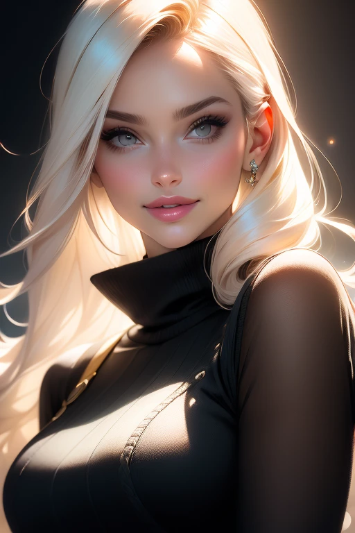 (realista,photorealista:1.37),mulher,wearing high collar sweater,cinto de liga usando,Pose y,rosto sorridente,olhos detalhados,detailed lips,visual elegante,cabelos longos flutuando ao vento,Contemporary antecedents,studio lighting,cores vivas