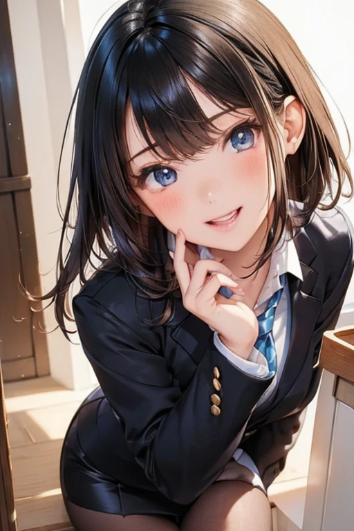 #Basic matters
(((One Girl, Baby Face, ))),
BREAK
#Clothing Accessories
(black ribbon tie + White Collar Dress Shirt + Blue suit jacket + Blue suit vest + Blue Shiny Pencil Mini Skirt), ((Black Pantyhose : Low Denier + Sheer + Glossy finish)), (Black high heels),
BREAK
#Features
(Black Hair, (Bangs that expose the forehead:1.4), Long Hair),
(Droopy eyes,blue eyes),
(Small breasts),
BREAK
#expression
(Wicked Smile),
#background environment
((noon + Sunny office)),
#Composition Dynamic Pose,
BREAK
#Body parts elements
(Beautiful Hair,Shiny Hair),
(double eyelid, Long eyelashes),
(Expression of fine eyes, Beautiful and delicate eyes, Sparkling eyes, Eye Reflexes),
(Beautiful Nose, Thin Nose),
(Glossy lips, Beautiful Lips, Thick lips), (Symmetrical facial features),
(Detailed skin, Textured skin, Beautiful Skin),
BREAK
#Quality
(((highest quality)), ((masterpiece)), ((Very detailed))),
((High resolution), (16k,1080p)),
(Realistic), (Anatomically correct),
((comics, anime)), (3DCG), CG illustration,