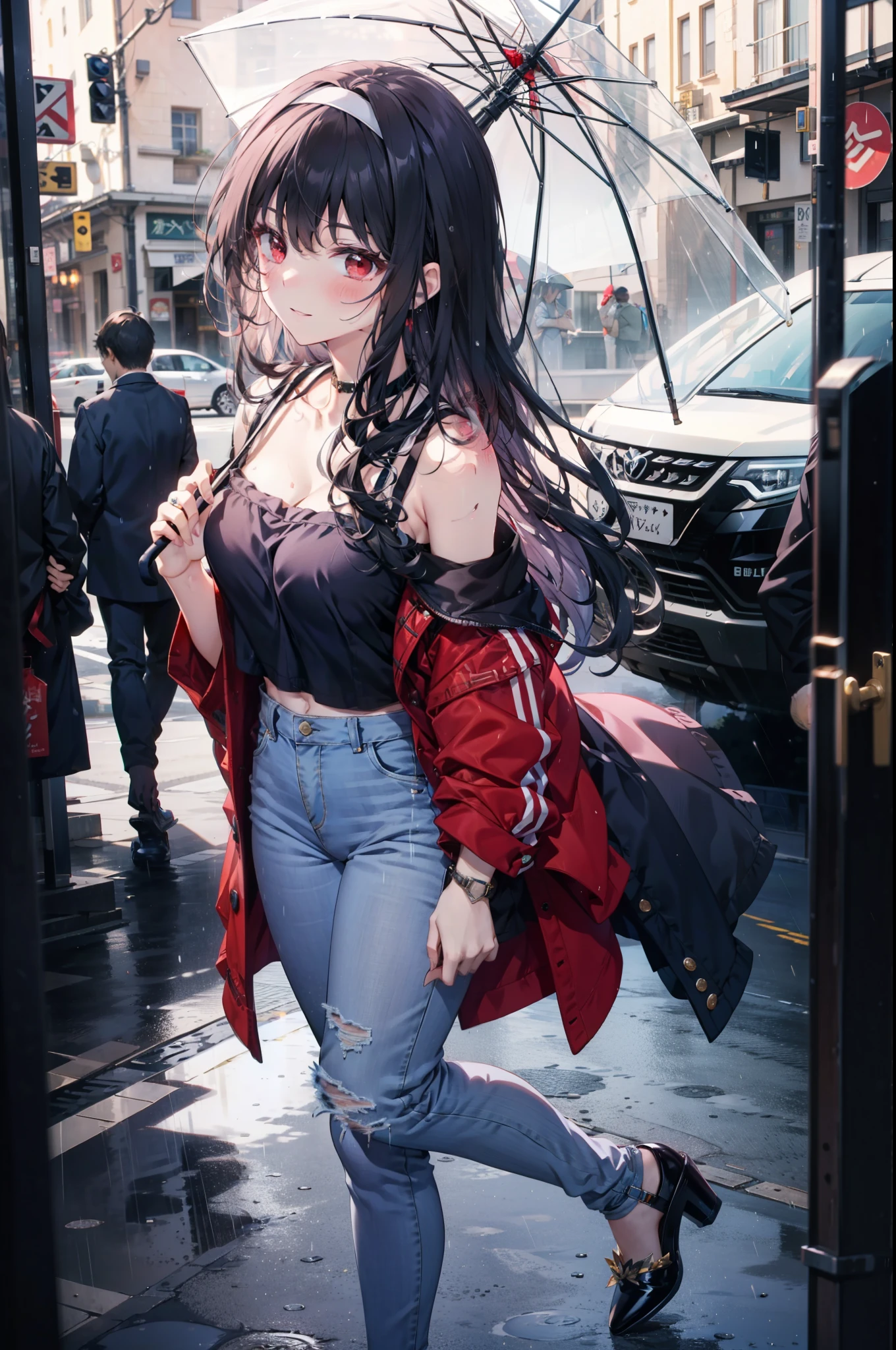 For profit, utaha kasumigaoka, Black Hair, hair band, Long Hair, (Red eyes:1.5), blush,blush,happy smile, smile, Open your mouth,whole bodyがイラストに入るように,Looking down from above,Cold shoulder tops,Skinny jeans,Stiletto heels,walking,Cloudy,rain,umbrella,umbrellaのグリップを持っている,whole bodyがイラストに入るように,
break looking at viewer,whole body,
break outdoors, Building district,
break (masterpiece:1.2), highest quality, High resolution, unity 8k wallpaper, (figure:0.8), (Beautiful fine details:1.6), Highly detailed face, Perfect lighting, Highly detailed CG, (Perfect hands, Perfect Anatomy),