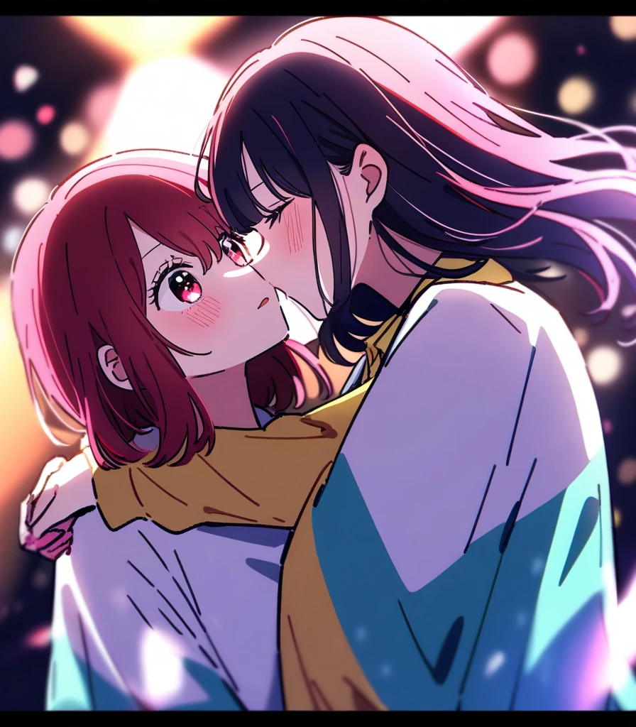 Two Girls, Focus on women, Kanna Arima with Ruby Hoshino,They're kissing, Adult version,oshi no ko, so beautiful, highest quality, so beautiful, Absurd