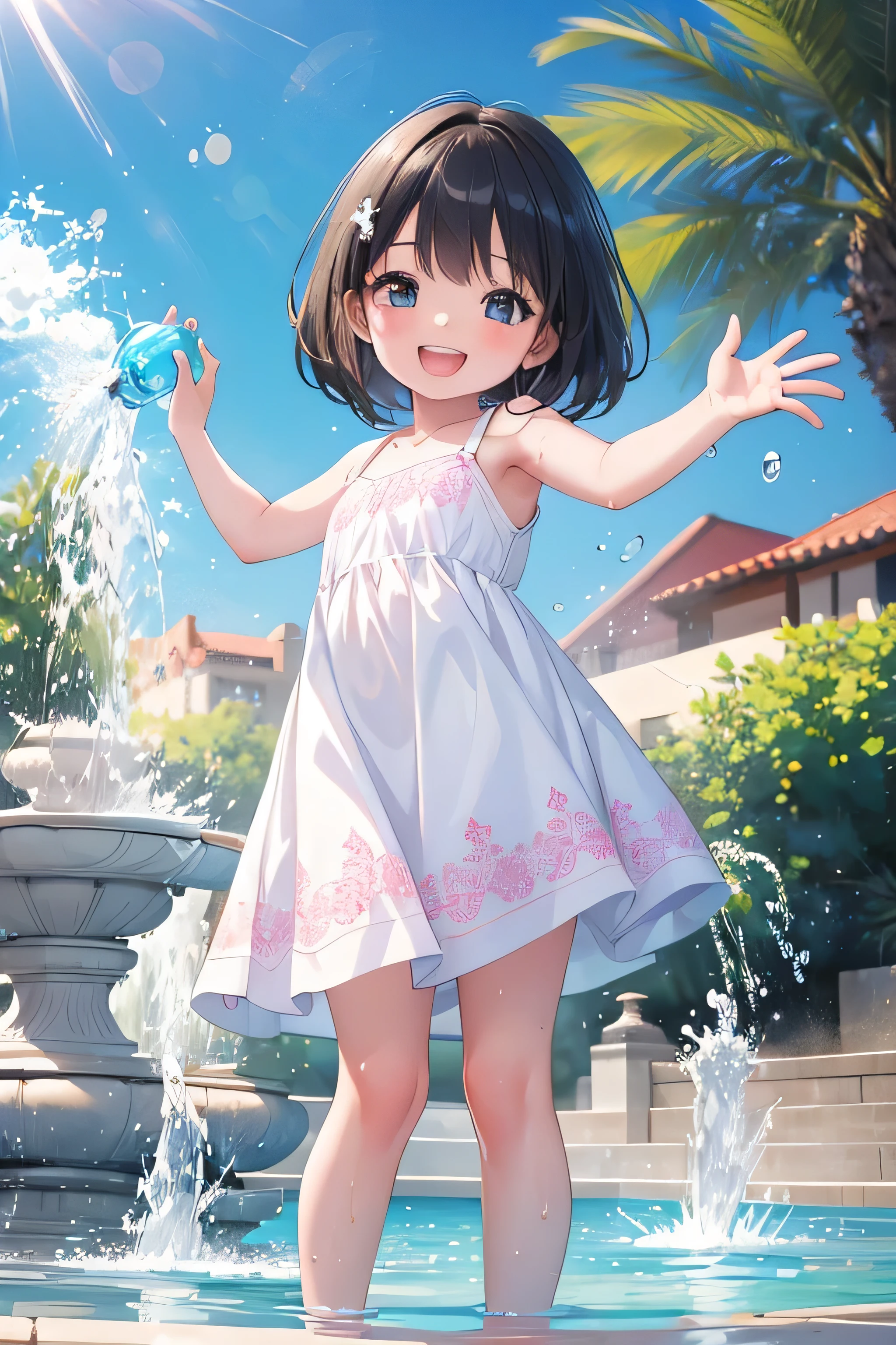 highest quality, masterpiece, High resolution, Very detailed, Fine skin, Complex eyes, Accurate and perfect anatomy,  Park fountain, Girl playing with water(5 year old girl, laughing, Use both hands to scoop up water), 